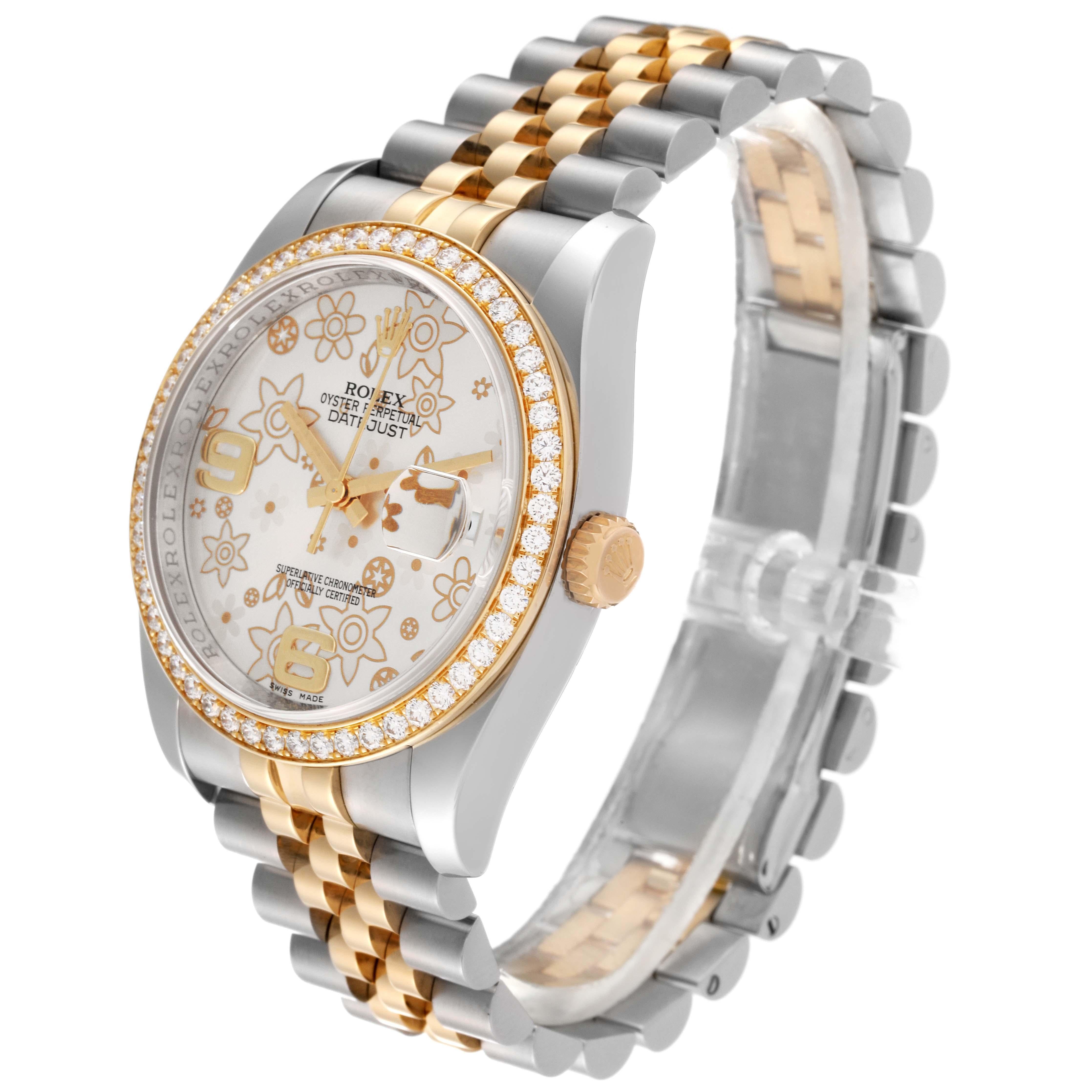 Rolex Datejust Silver Floral Dial Steel Yellow Gold Diamond Men's Watch 116243 For Sale 7