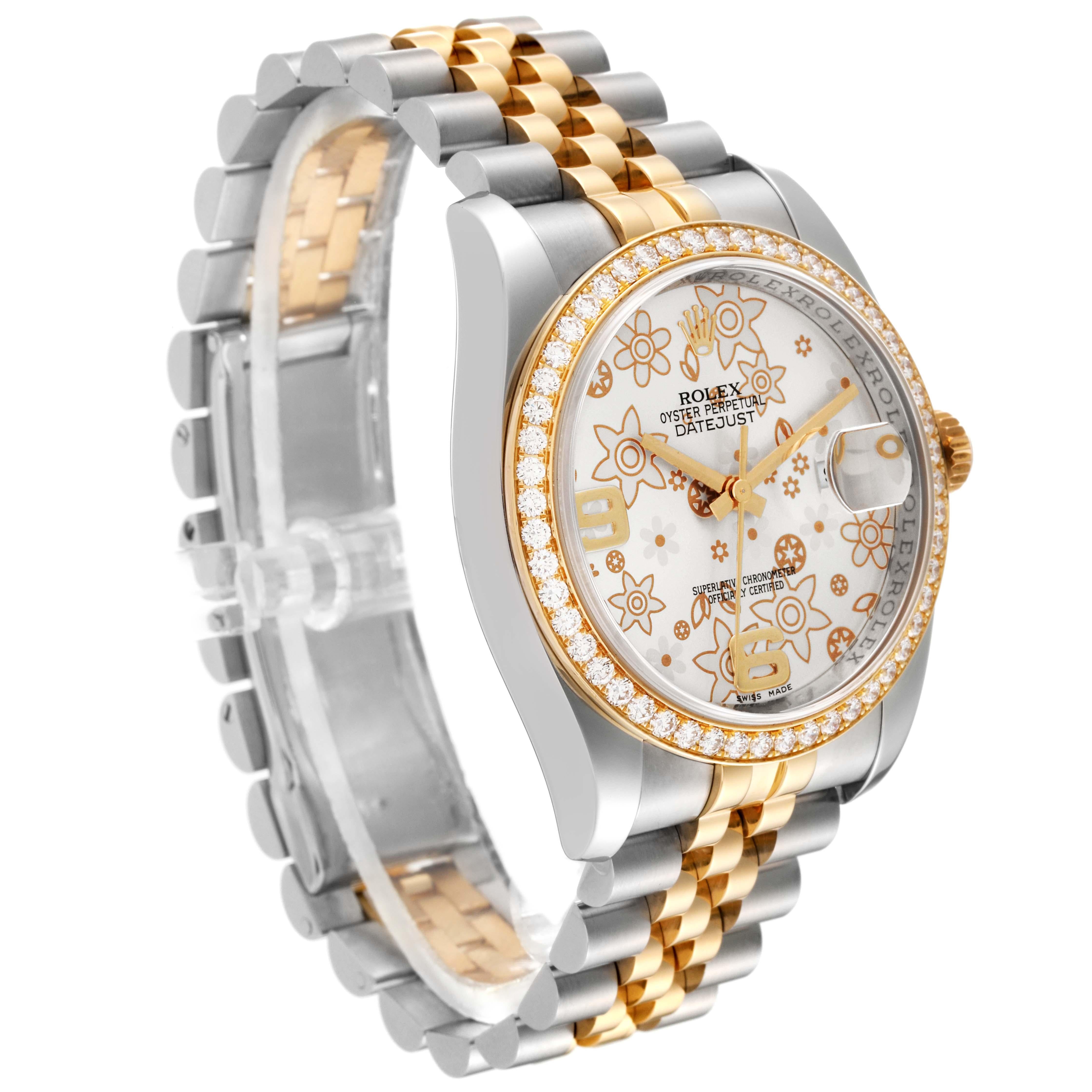Rolex Datejust Silver Floral Dial Steel Yellow Gold Diamond Men's Watch 116243 For Sale 4