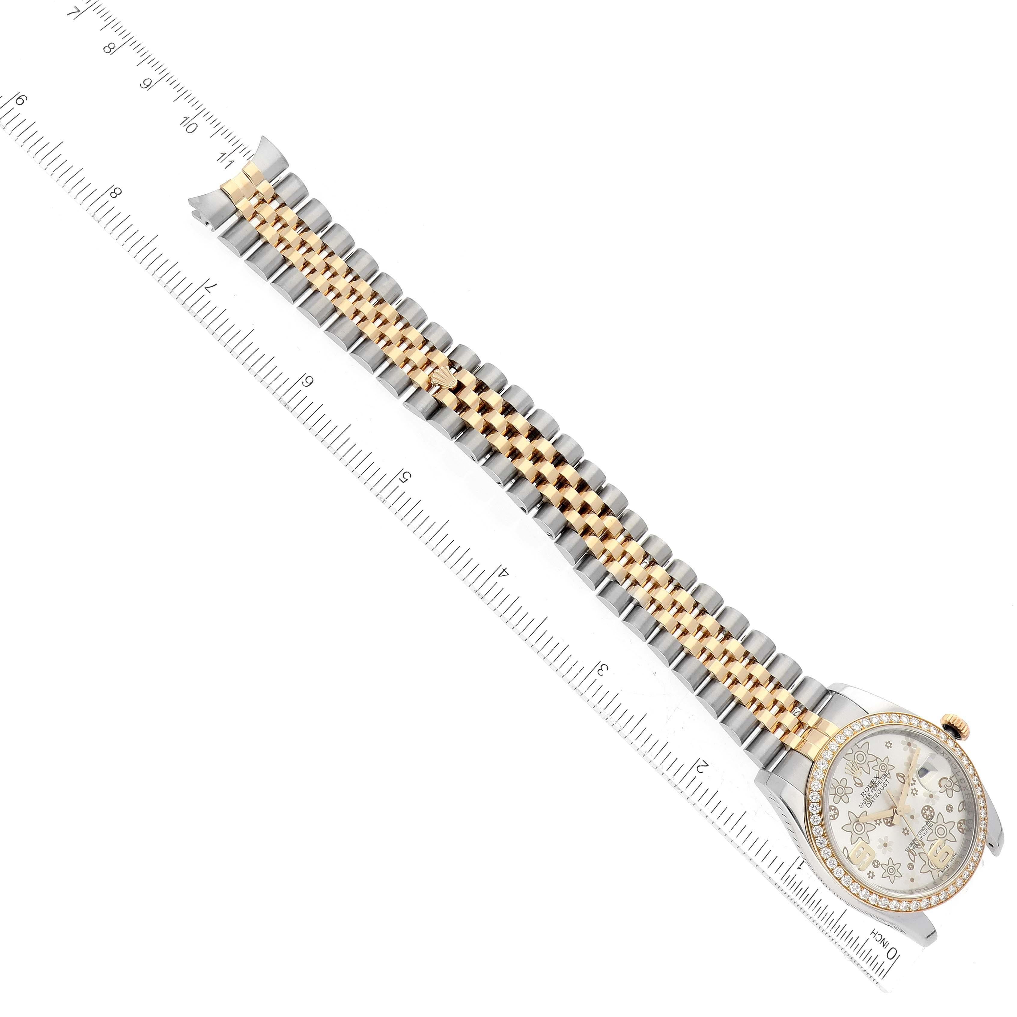 Rolex Datejust Silber Floral Zifferblatt Stahl Gelbgold Diamant Herrenuhr 116243 im Angebot 5