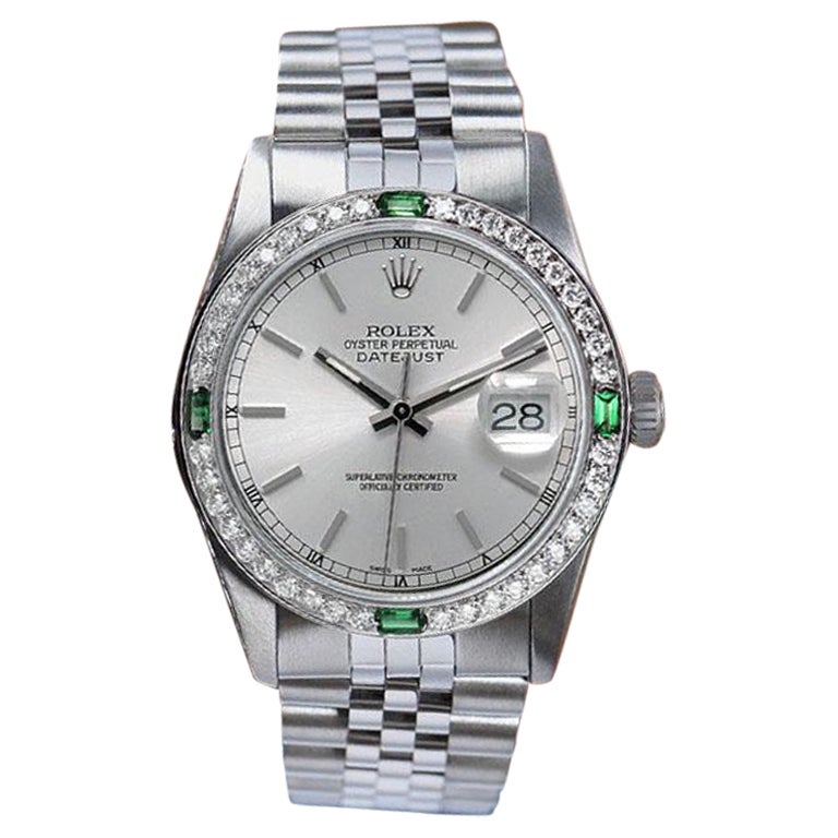 Montre en acier Datejust 31 mm avec cadran argenté et lunette en diamants et émeraudes