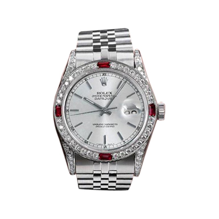 Rolex Datejust Quadrante d'argento con anse di diamanti + lunetta di rubini e diamanti