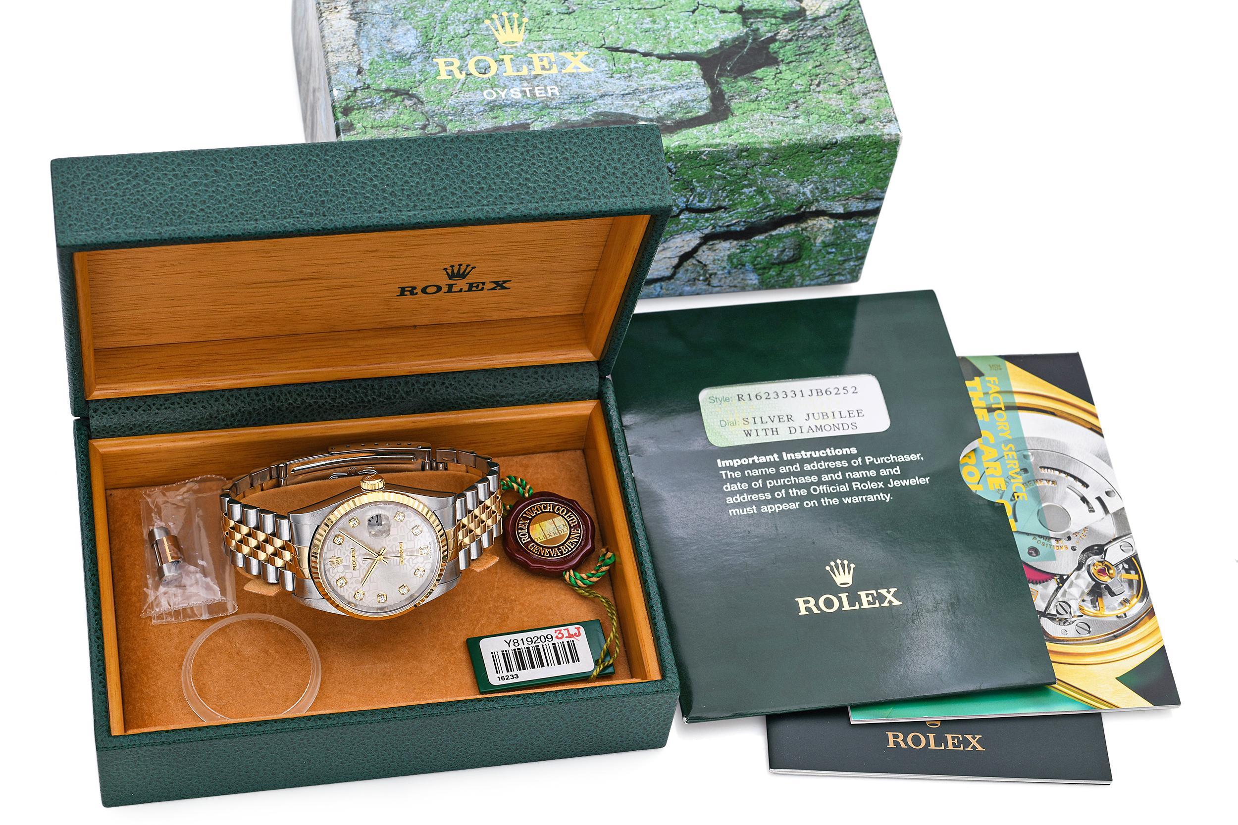 This vintage Rolex Datejust Ref. 16233 features the classic 36mm case in a two-tone combination of stainless steel and 18k yellow gold. Its striking silver Jubilee dial is adorned with factory-set diamond hour markers, offering a refined blend of