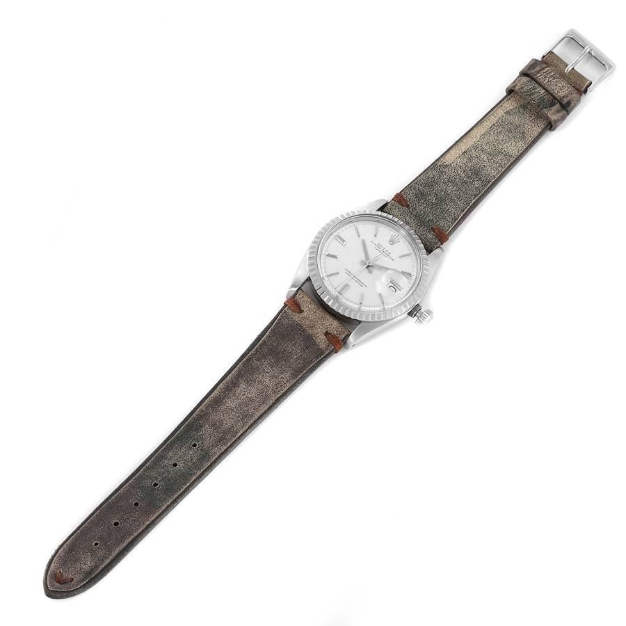 Rolex Datejust Silber Leinen Zifferblatt Grau Lederarmband Vintage Herrenuhr 1603 im Angebot 7