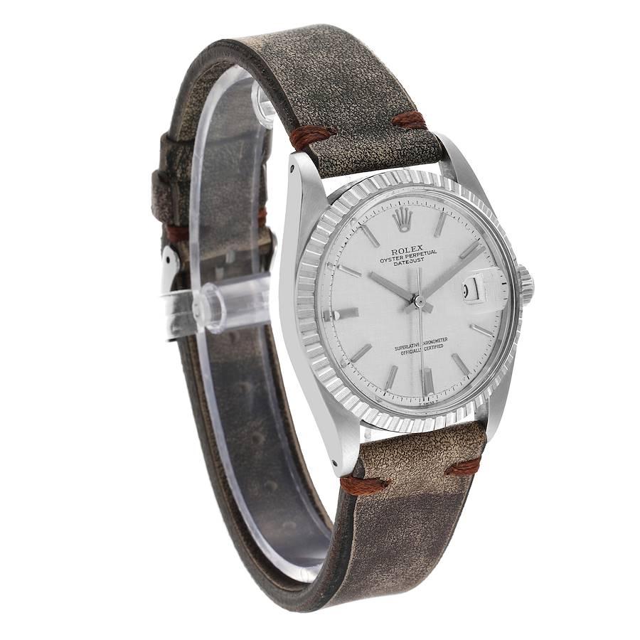 Rolex Datejust Silber Leinen Zifferblatt Grau Lederarmband Vintage Herrenuhr 1603 im Zustand „Gut“ im Angebot in Atlanta, GA