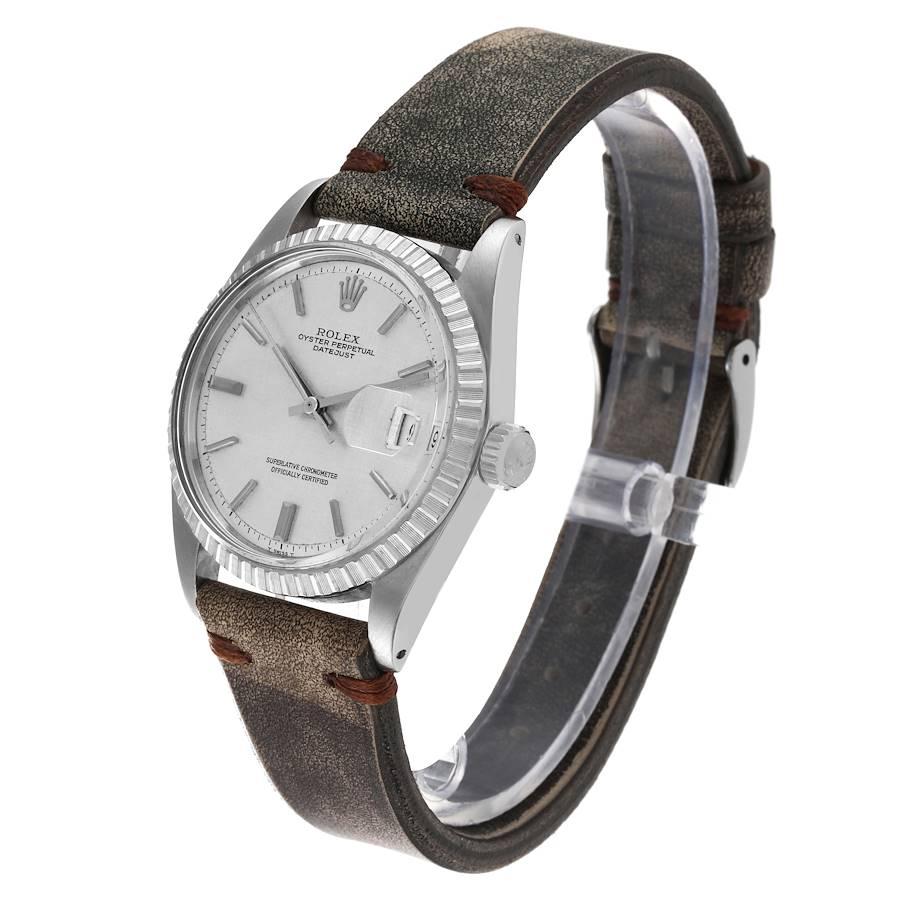Rolex Datejust Silber Leinen Zifferblatt Grau Lederarmband Vintage Herrenuhr 1603 im Angebot 1