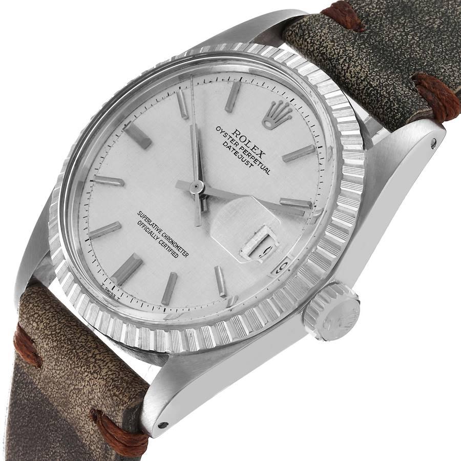 Rolex Datejust Silber Leinen Zifferblatt Grau Lederarmband Vintage Herrenuhr 1603 im Angebot 2