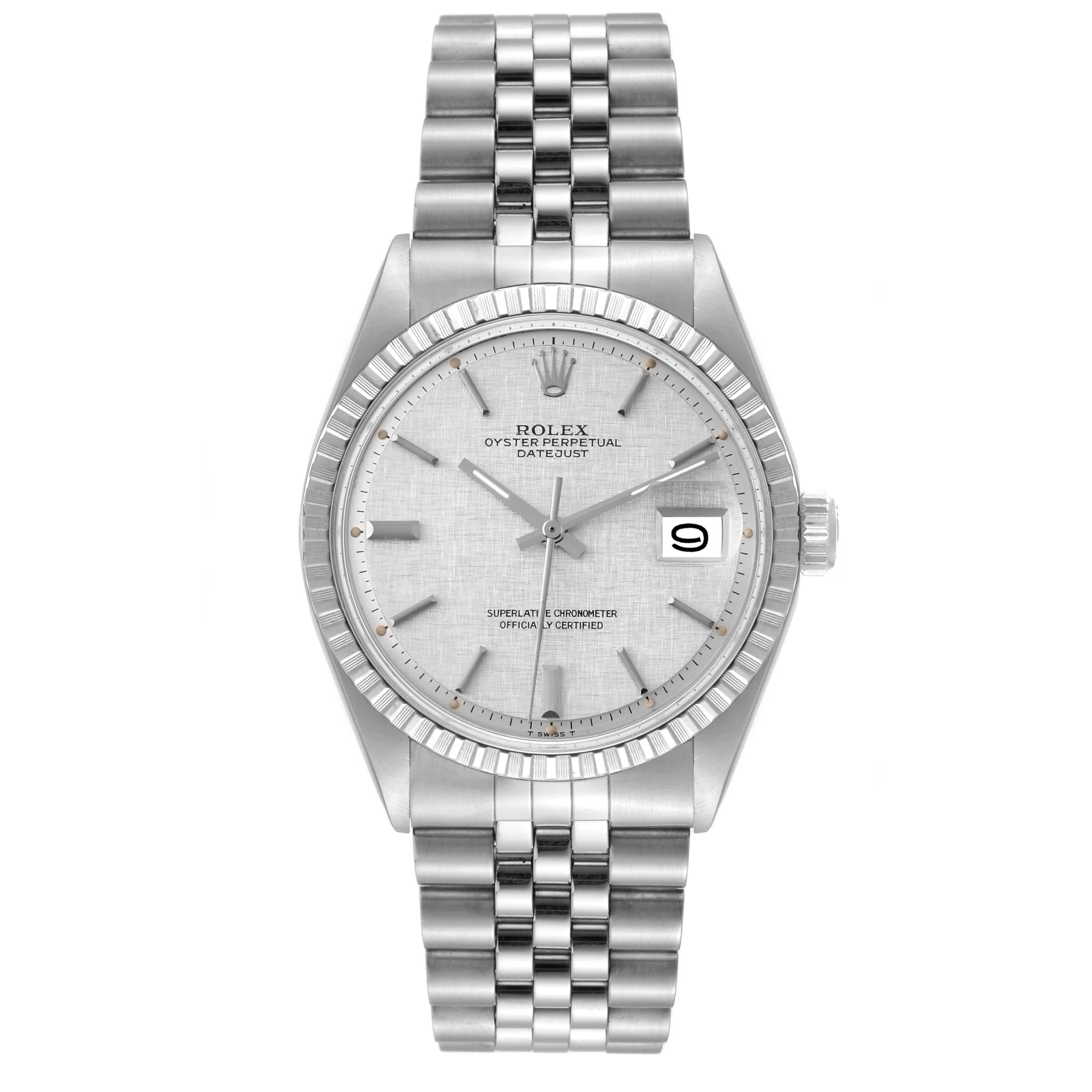 Rolex Datejust Silver Linen Dial Vintage Steel Mens Watch 1603. Officially certified chronometer self-winding movement. Stainless steel oyster case 36 mm in diameter. Rolex logo on a crown. Stainless steel engine turned bezel. Acrylic crystal with