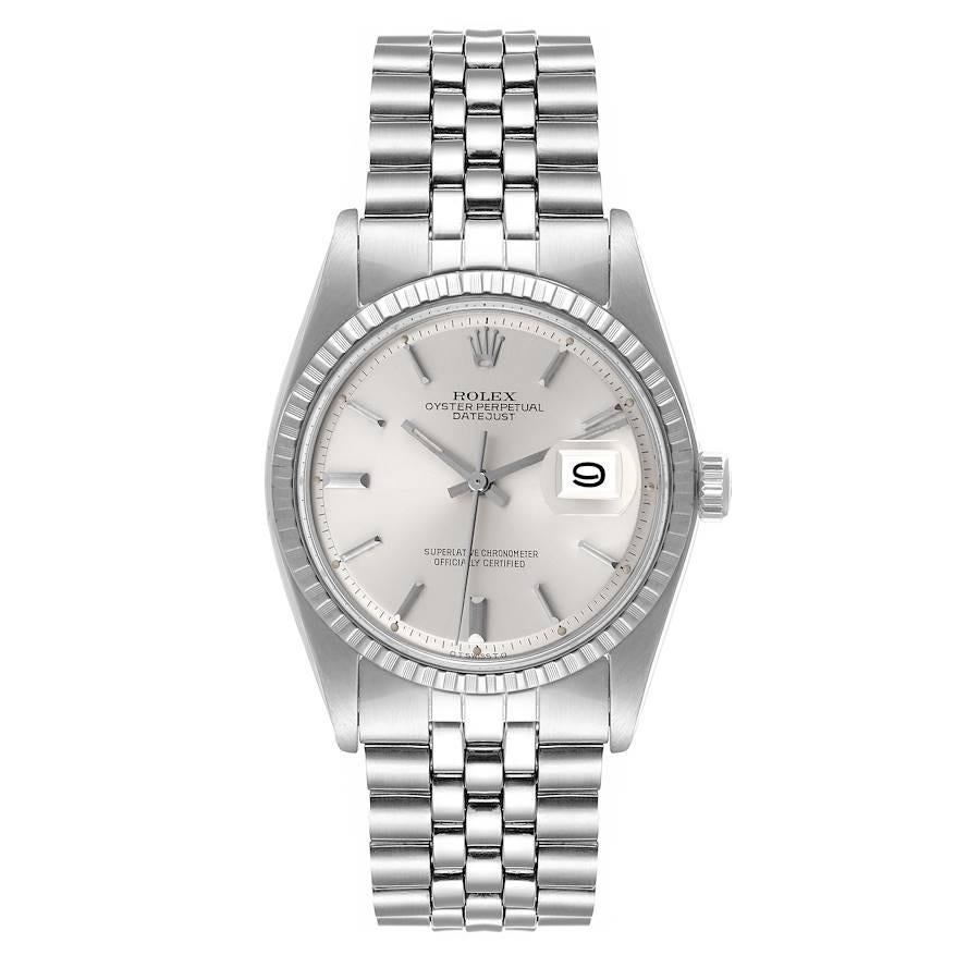 Rolex Datejust Silver Sigma Dial Jubilee Bracelet Vintage Mens Watch 1603. Officially certified chronometer self-winding movement. Stainless steel oyster case 36.0 mm in diameter. Rolex logo on a crown. Stainless steel engine turned bezel. Acrylic