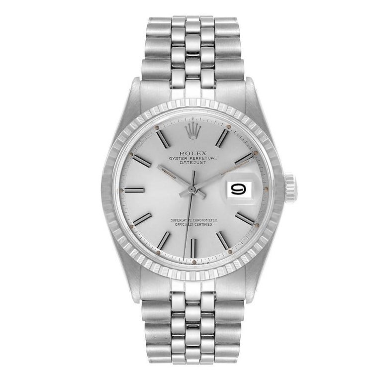Rolex Datejust Silver Sigma Dial Steel Vintage Mens Watch 1603. Officially certified chronometer automatic self-winding movement. Stainless steel oyster case 36.0 mm in diameter. Rolex logo on the crown. Stainless steel engine turned bezel. Acrylic