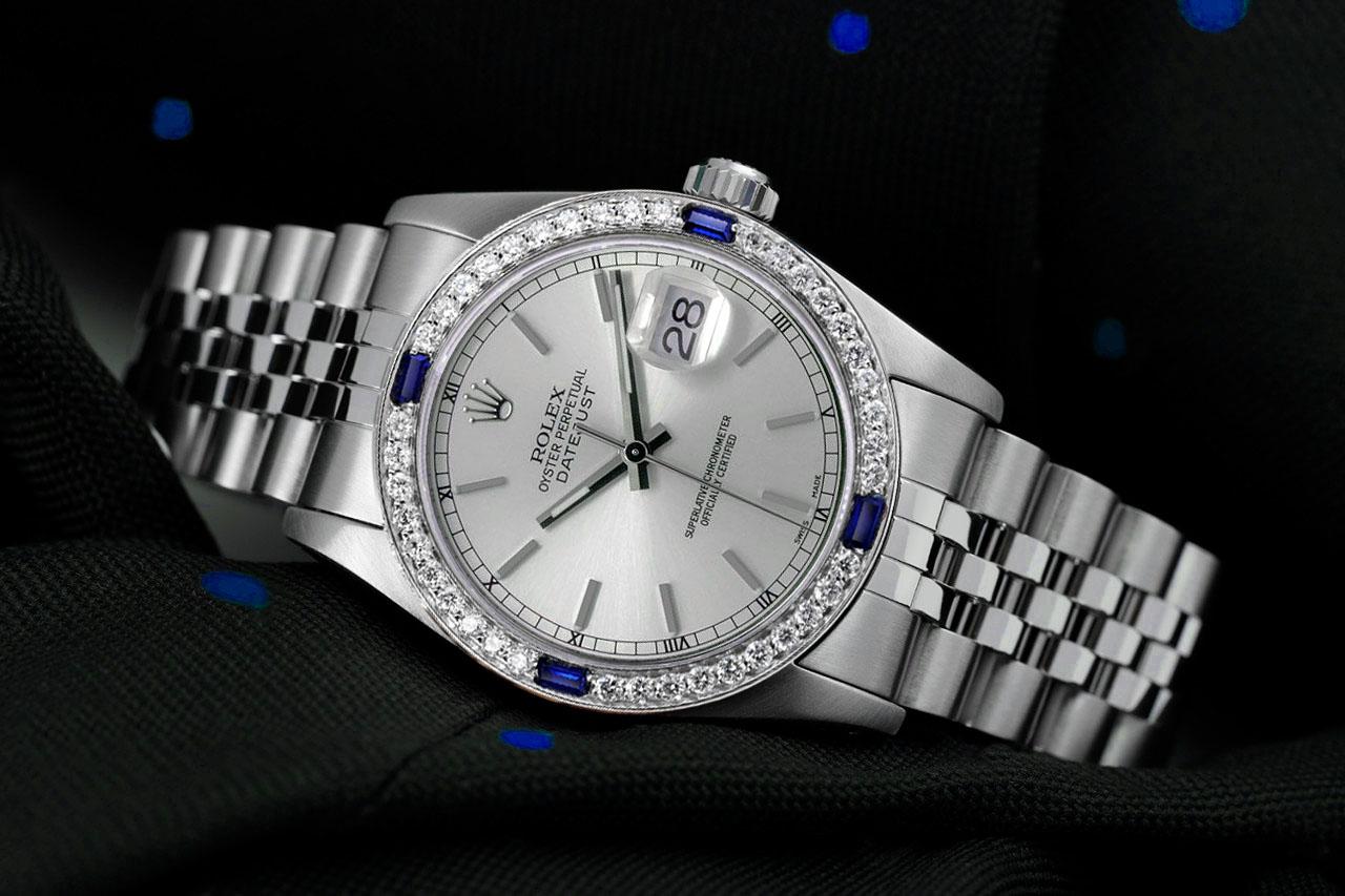 Rolex Datejust Silver Stick Dial Diamond & Blue Sapphire Bezel Steel Watch Excellent état - En vente à New York, NY