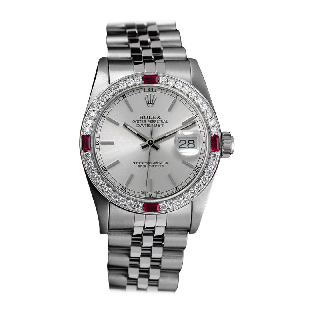 Rolex Datejust Quadrante a bastone argento con lunetta di diamanti e rubini Orologio in acciaio