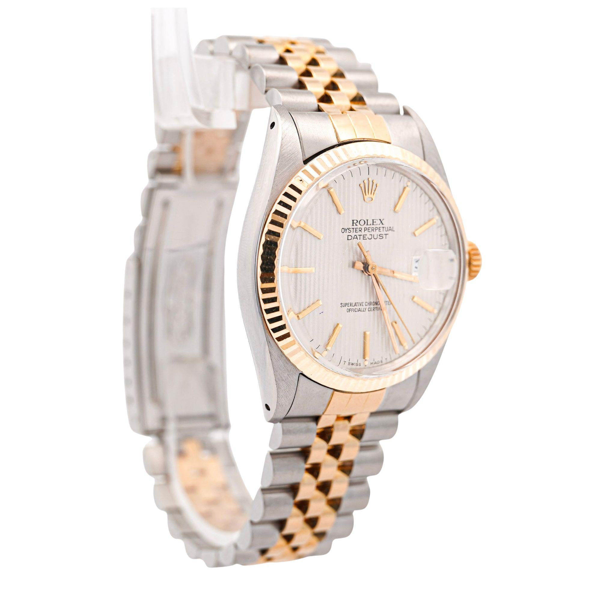 Rolex Datejust Silver Tapestry Dial 2 Tone Jubilee 36mm 16013 Uhr Box/Papiere im Angebot 5