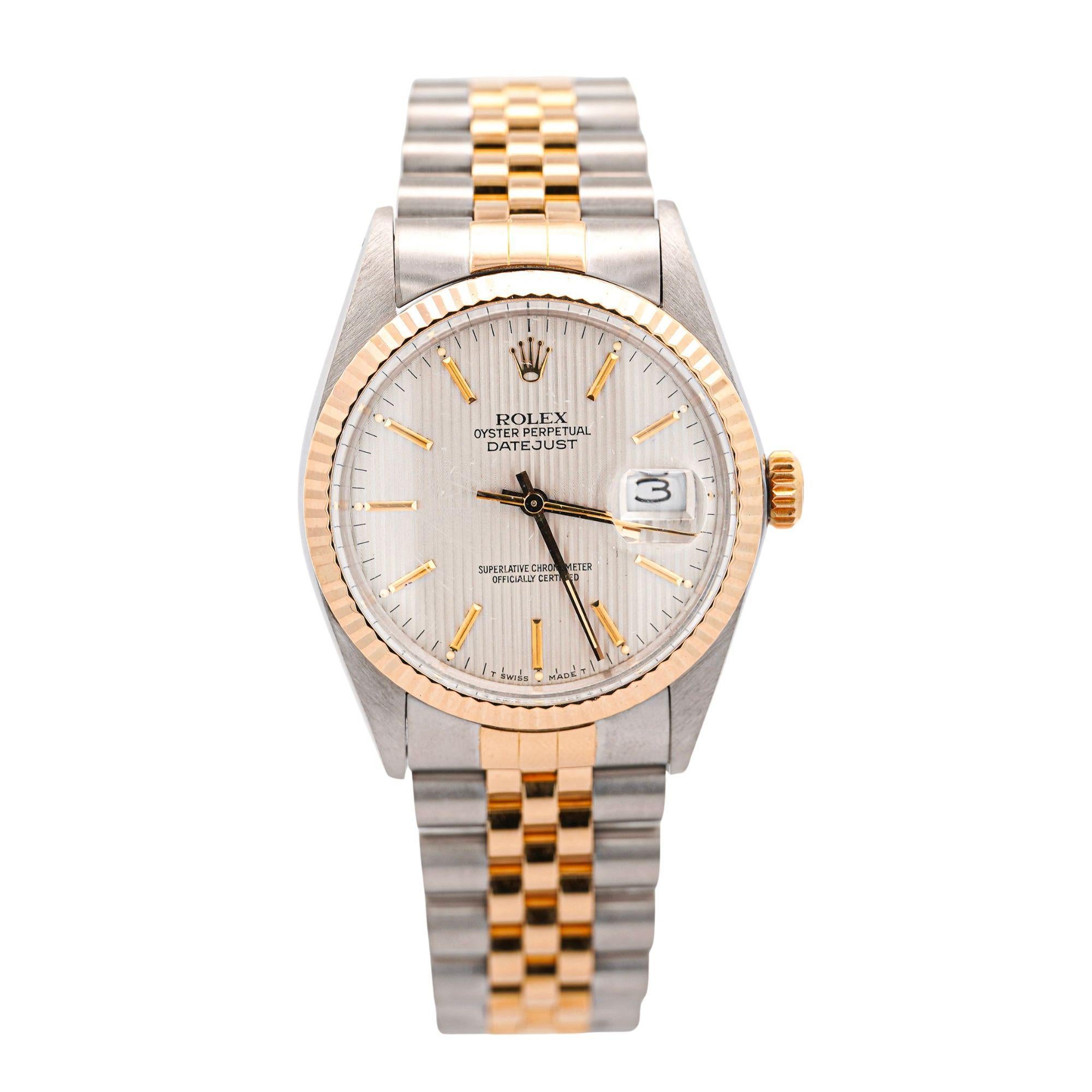 Rolex Datejust Silver Tapestry Dial 2 Tone Jubilee 36mm 16013 Uhr Box/Papiere im Angebot 6