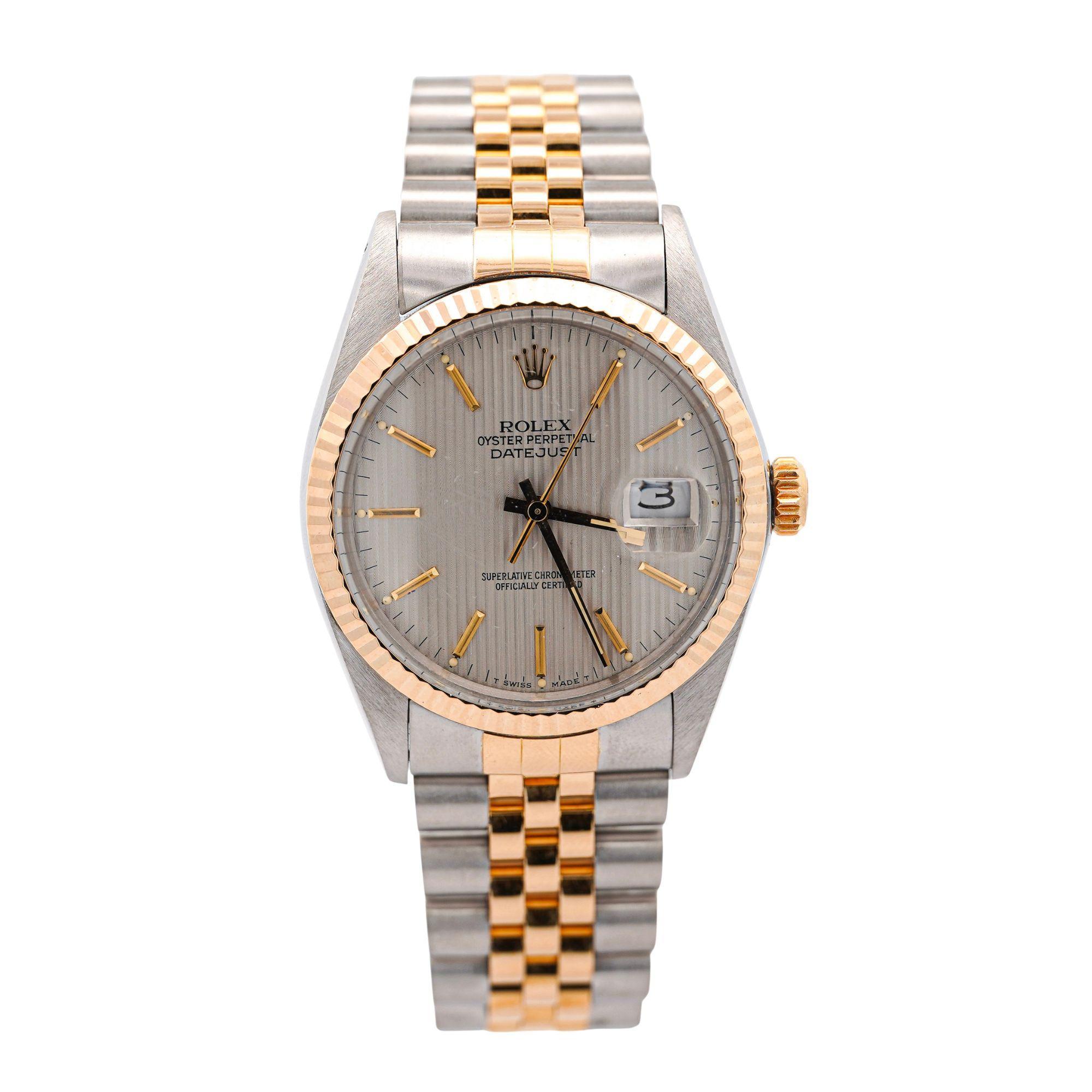 Rolex Datejust Silver Tapestry Dial 2 Tone Jubilee 36mm 16013 Uhr Box/Papiere für Damen oder Herren im Angebot