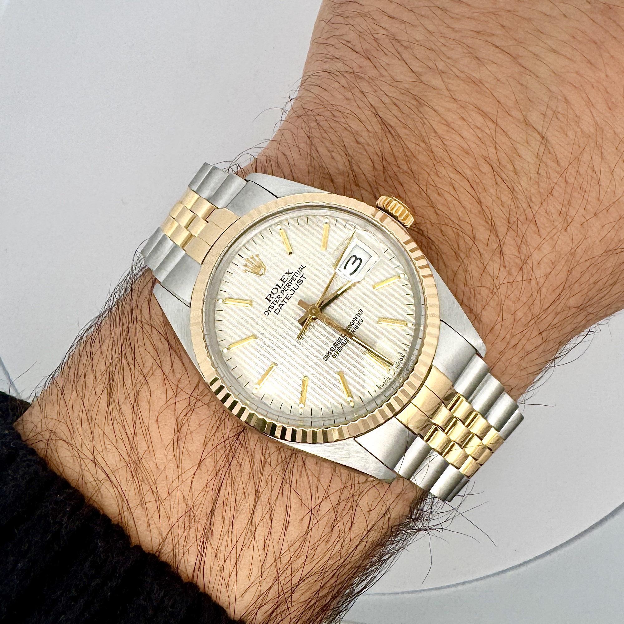 Rolex Datejust Silver Tapestry Dial 2 Tone Jubilee 36mm 16013 Uhr Box/Papiere im Angebot 2