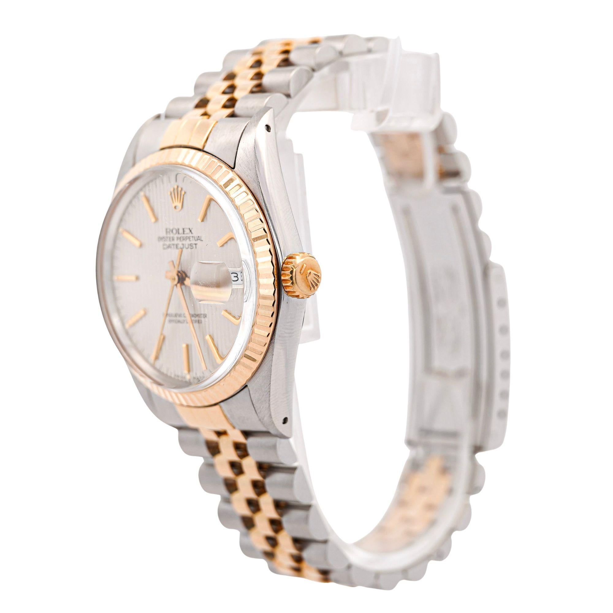 Rolex Datejust Silver Tapestry Dial 2 Tone Jubilee 36mm 16013 Uhr Box/Papiere im Angebot 3