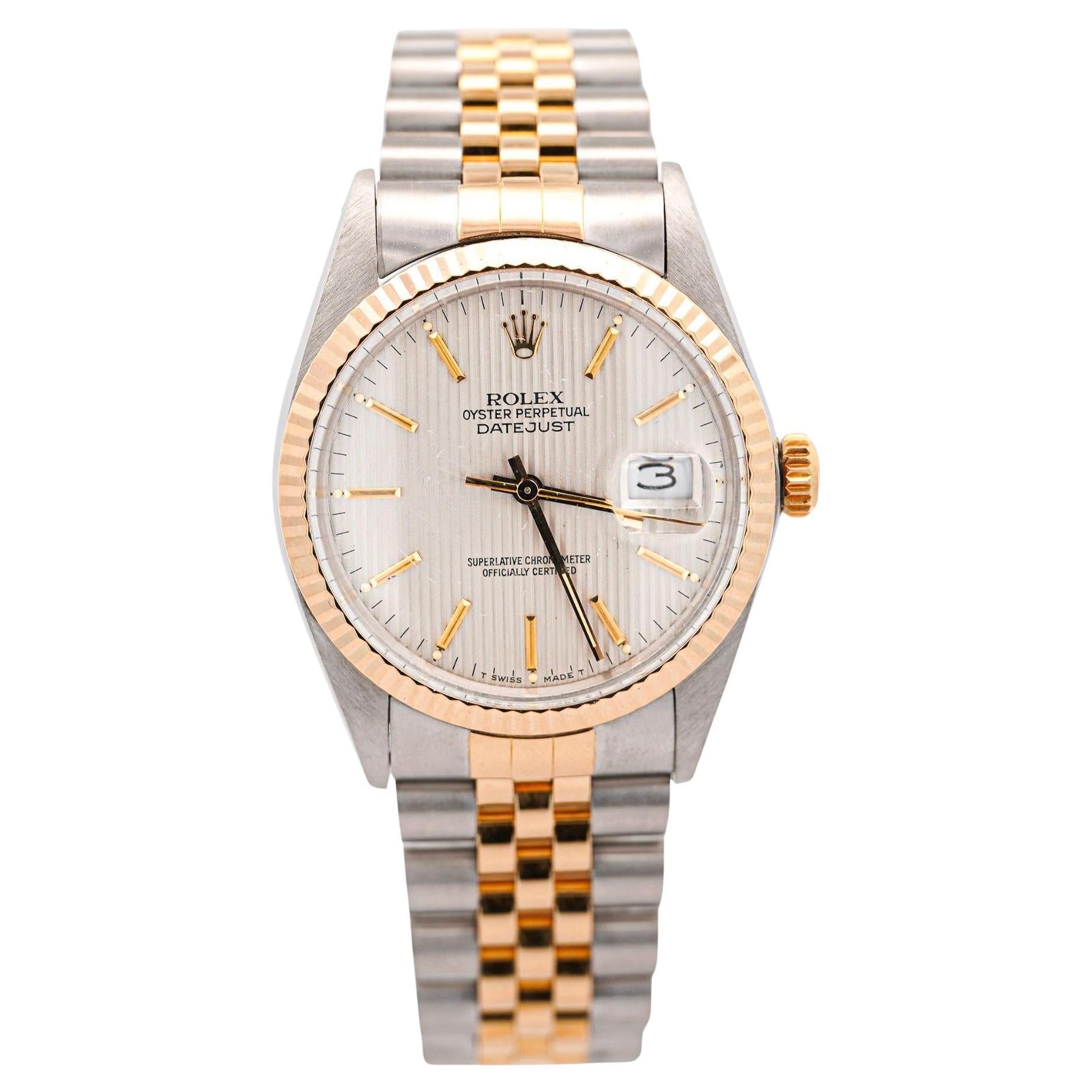 Rolex Datejust Silver Tapestry Dial 2 Tone Jubilee 36mm 16013 Uhr Box/Papiere im Angebot