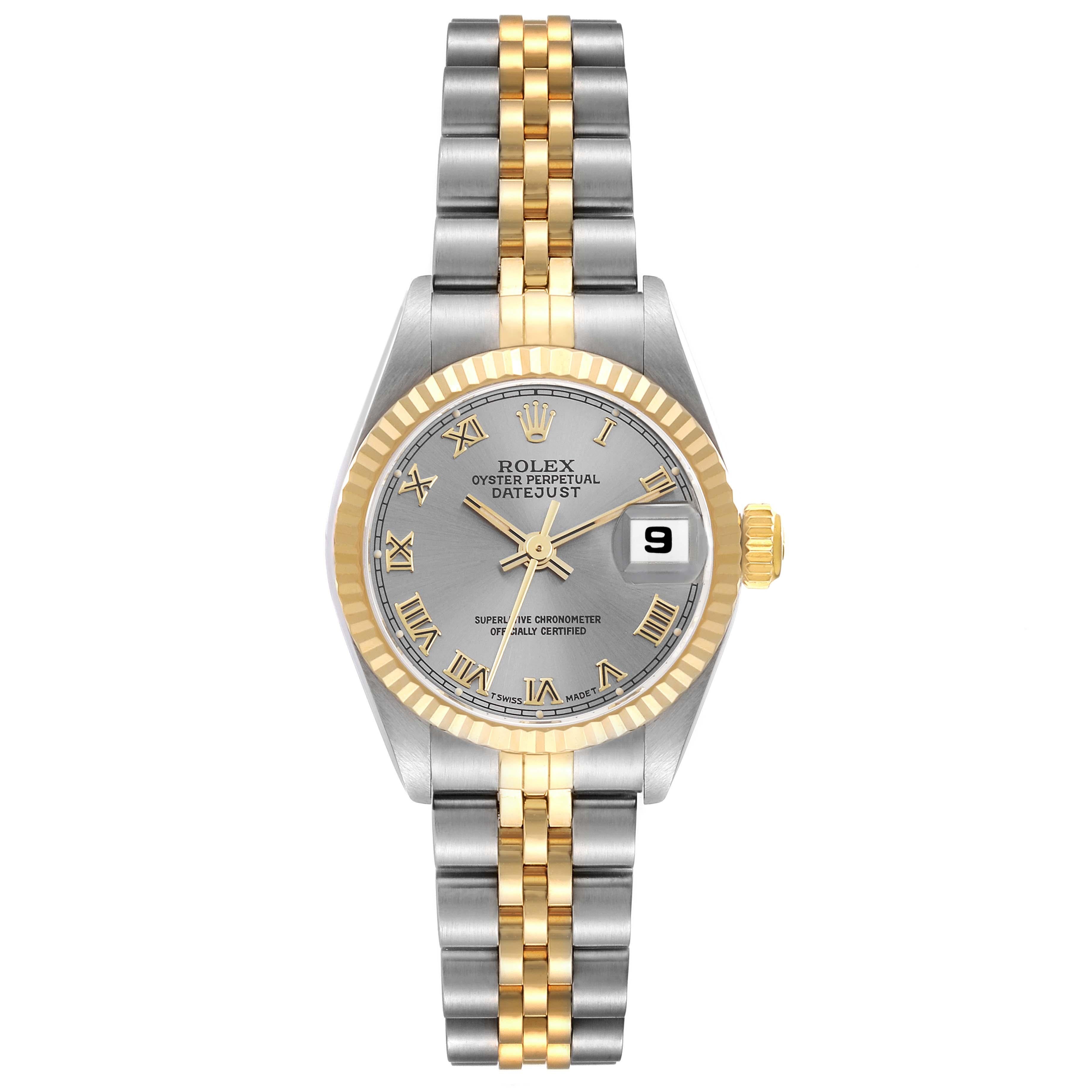 Rolex Datejust Slate Dial Steel Yellow Gold Ladies Watch 69173 Papers. Officially certified chronometer automatic self-winding movement. Stainless steel oyster case 26.0 mm in diameter. Rolex logo on the crown. 18k yellow gold fluted bezel. Scratch