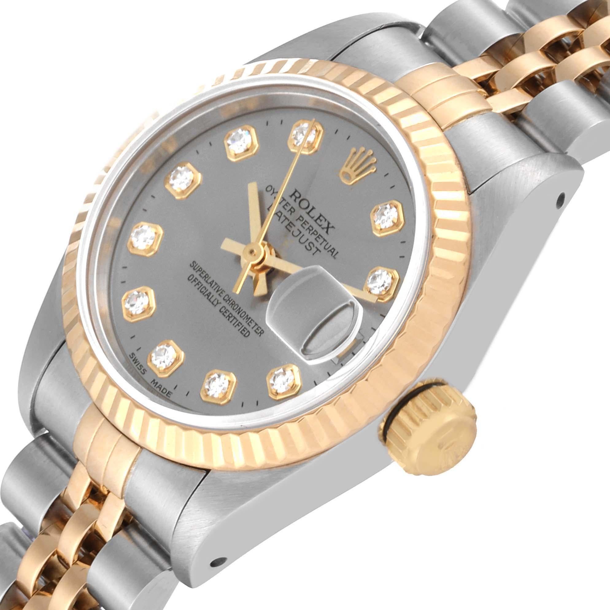Rolex Datejust Slate Diamond Dial Steel Yellow Gold Ladies Watch 69173. Officially certified chronometer automatic self-winding movement. Stainless steel oyster case 26.0 mm in diameter. Rolex logo on the crown. 18k yellow gold fluted bezel. Scratch