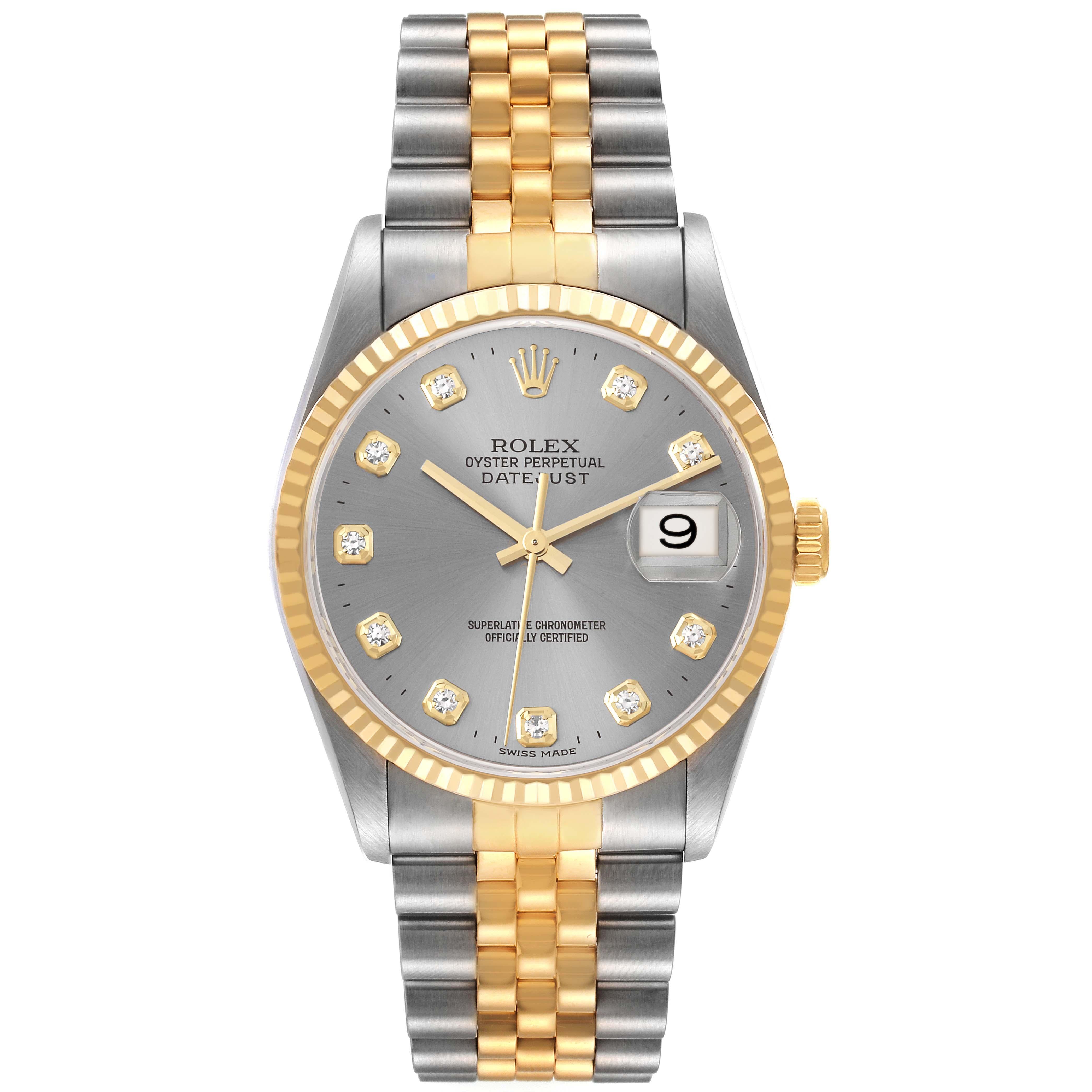 Rolex Datejust Slate Grey Diamond Dial Steel Yellow Gold Mens Watch 16233. Officially certified chronometer automatic self-winding movement. Stainless steel case 36 mm in diameter.  Rolex logo on an 18K yellow gold crown. 18k yellow gold fluted