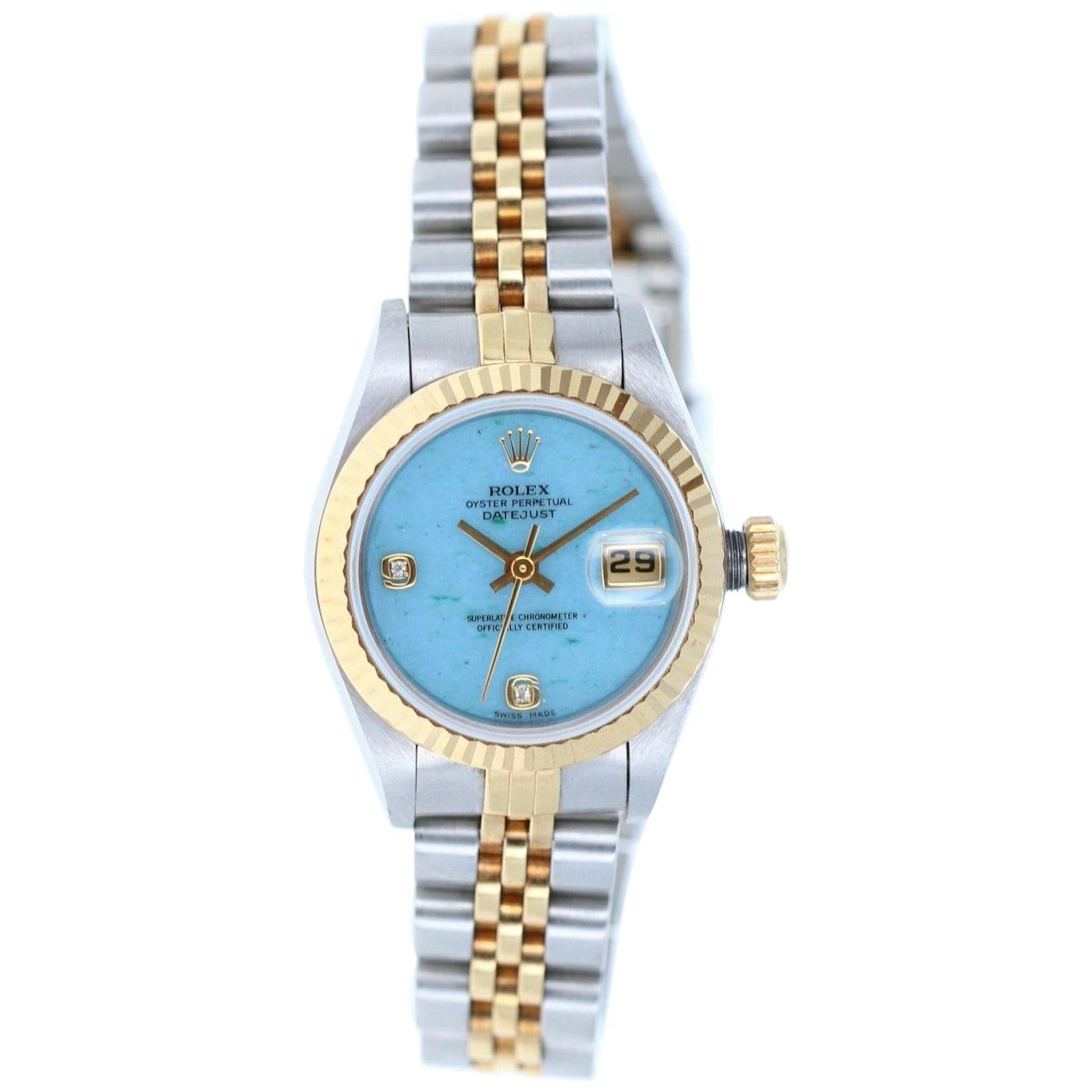 Rolex Datejust SS & 18k Gold Blue Jade Dial Jubilee Bracelet Watch 69173 Papers