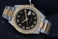Rolex Datejust SS & 18k YG Watch Factory Black Roman Dial Custom Diamond Bezel