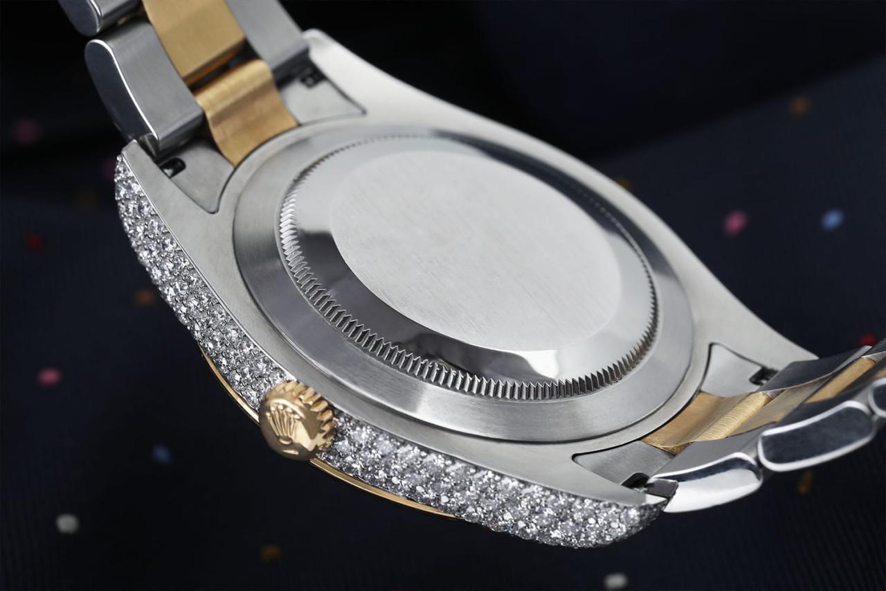 Taille ronde Rolex Montre Datejust SS & 18k YG avec cadran romain noir et lunette en diamants sur mesure en vente