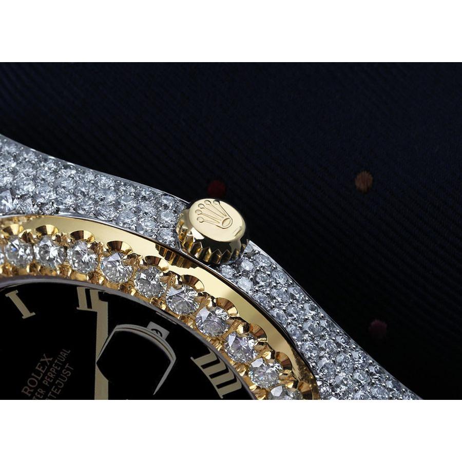 Rolex Montre Datejust SS & 18k YG avec cadran romain noir et lunette en diamants sur mesure Excellent état - En vente à New York, NY
