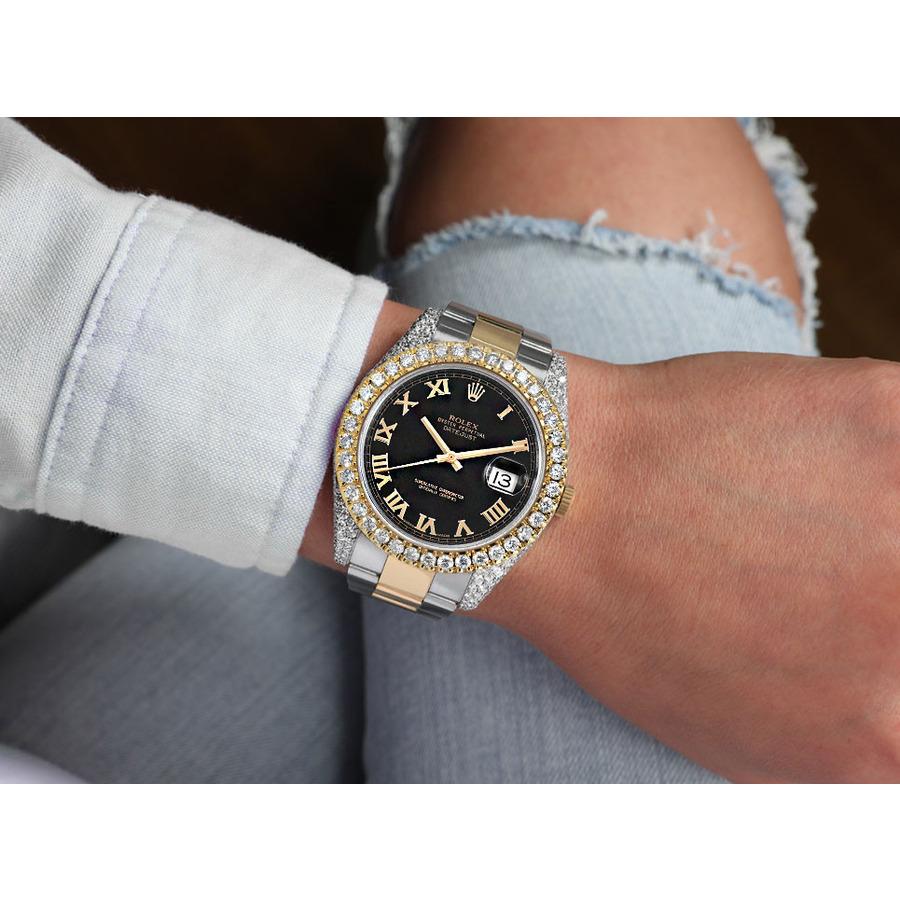 Round Cut Rolex Datejust SS & 18k YG Watch Factory Black Roman Dial Custom Diamond Bezel For Sale