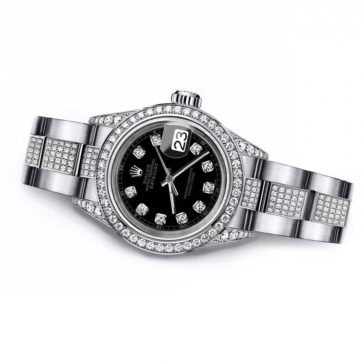 Round Cut Rolex Datejust SS Black Track Diamond Bezel Lugs & Center Bracelet Watch For Sale