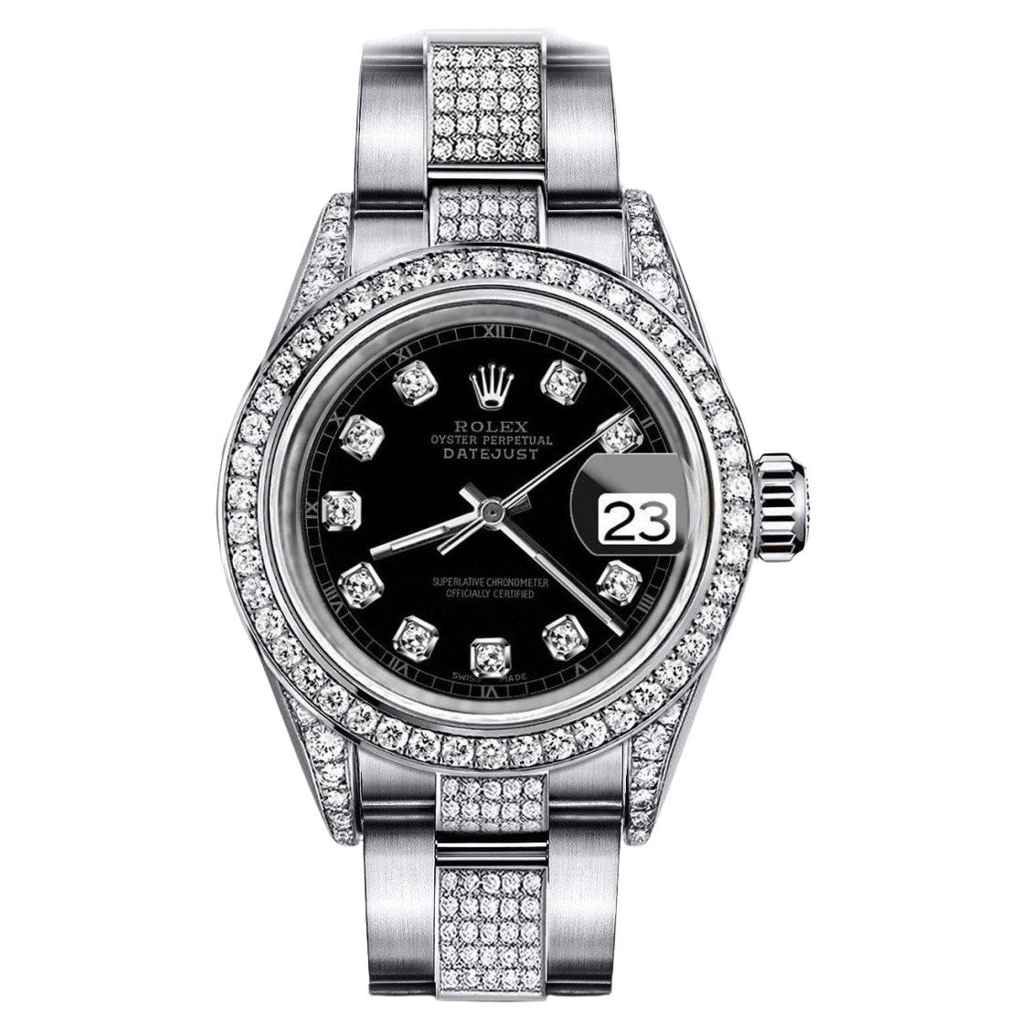 Rolex Datejust SS Black Track Diamond Bezel Lugs & Center Bracelet Watch For Sale