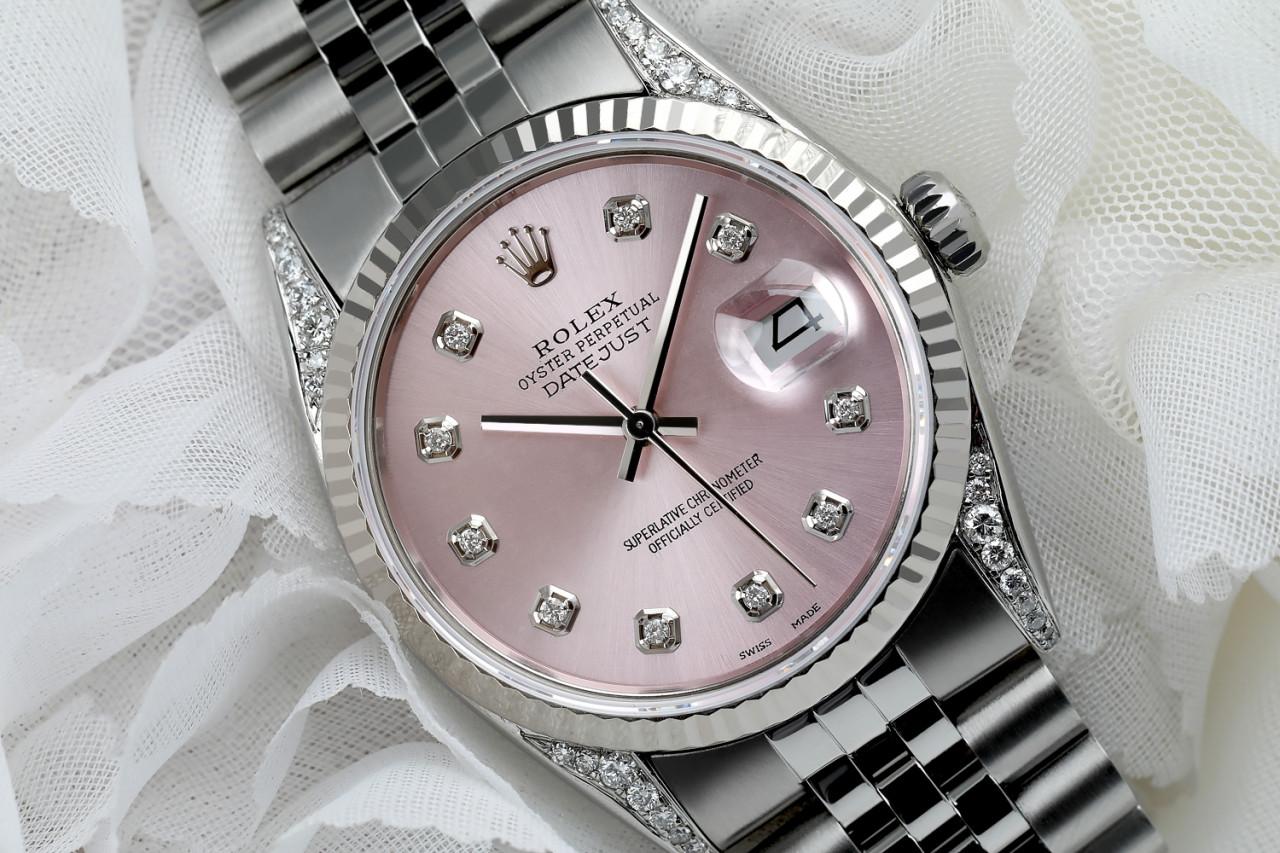 Rolex Datejust SS Metallic Pink Diamond Dial Custom Diamond Lugs 16014 Pour hommes en vente