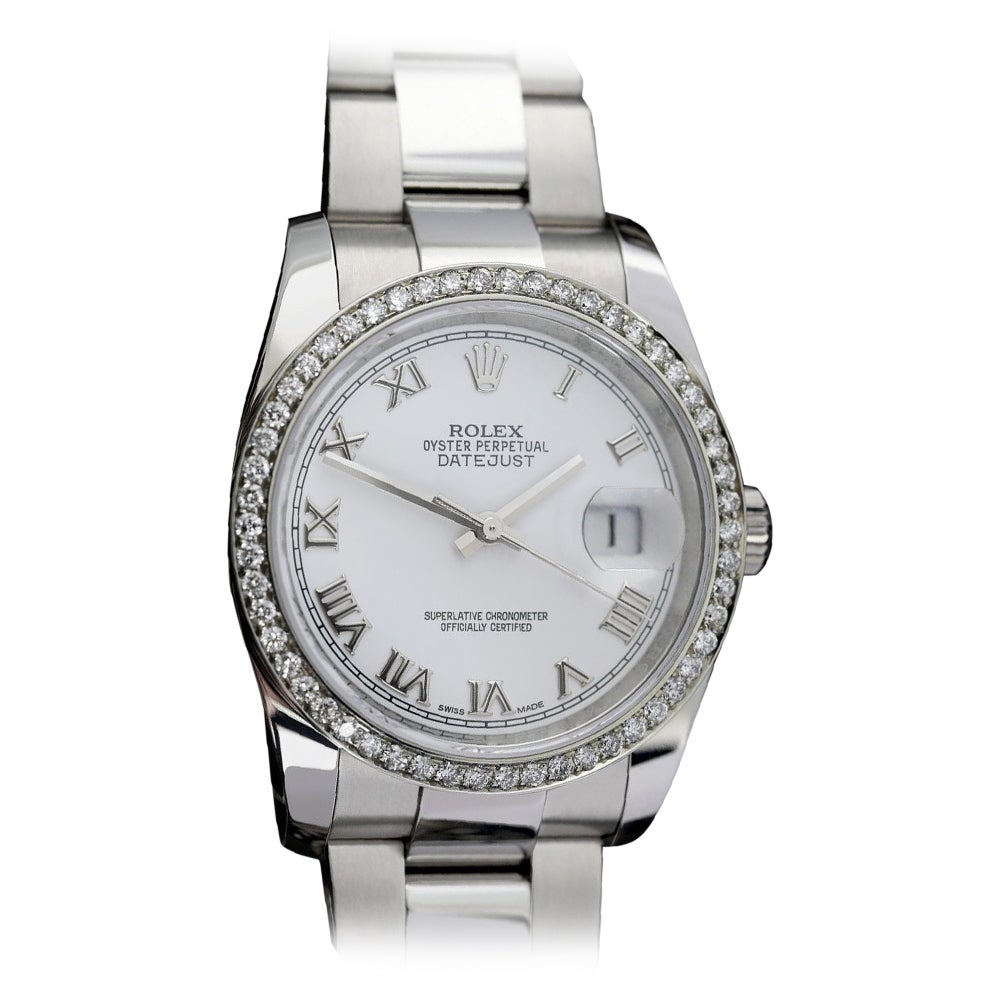 Rolex Montre Datejust de 36 mm avec lunette en diamant de style SS, cadran à chiffres romains blancs 116200