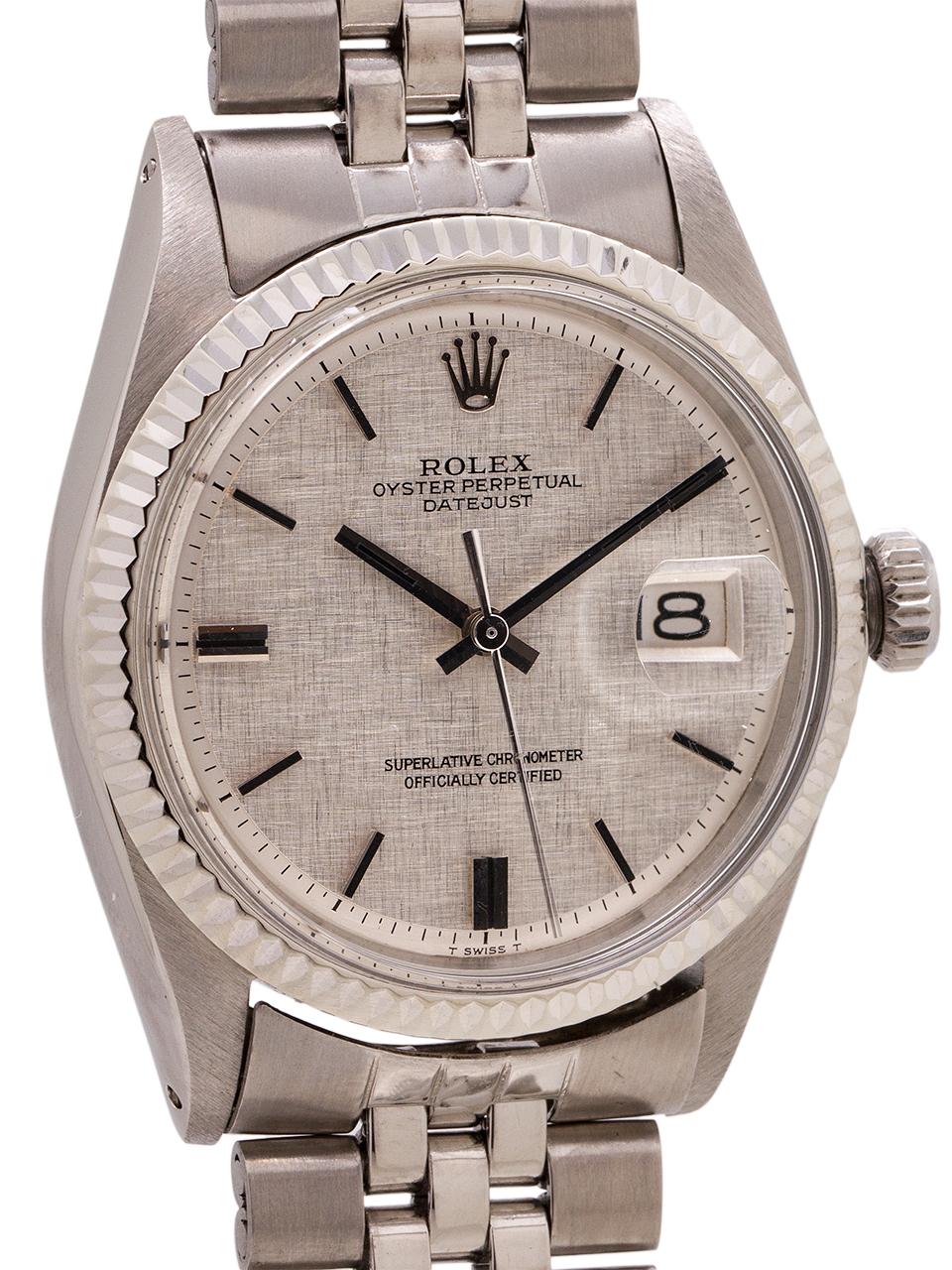 
Rolex Datejust stainless steel ref 1601, serial# 2.4 million circa 1969. Featuring 36mm diameter Oyster case with acrylic crystal, and very distinctive silver satin, linen finish dial with applied silver indexes and silver baton hands. The dial is
