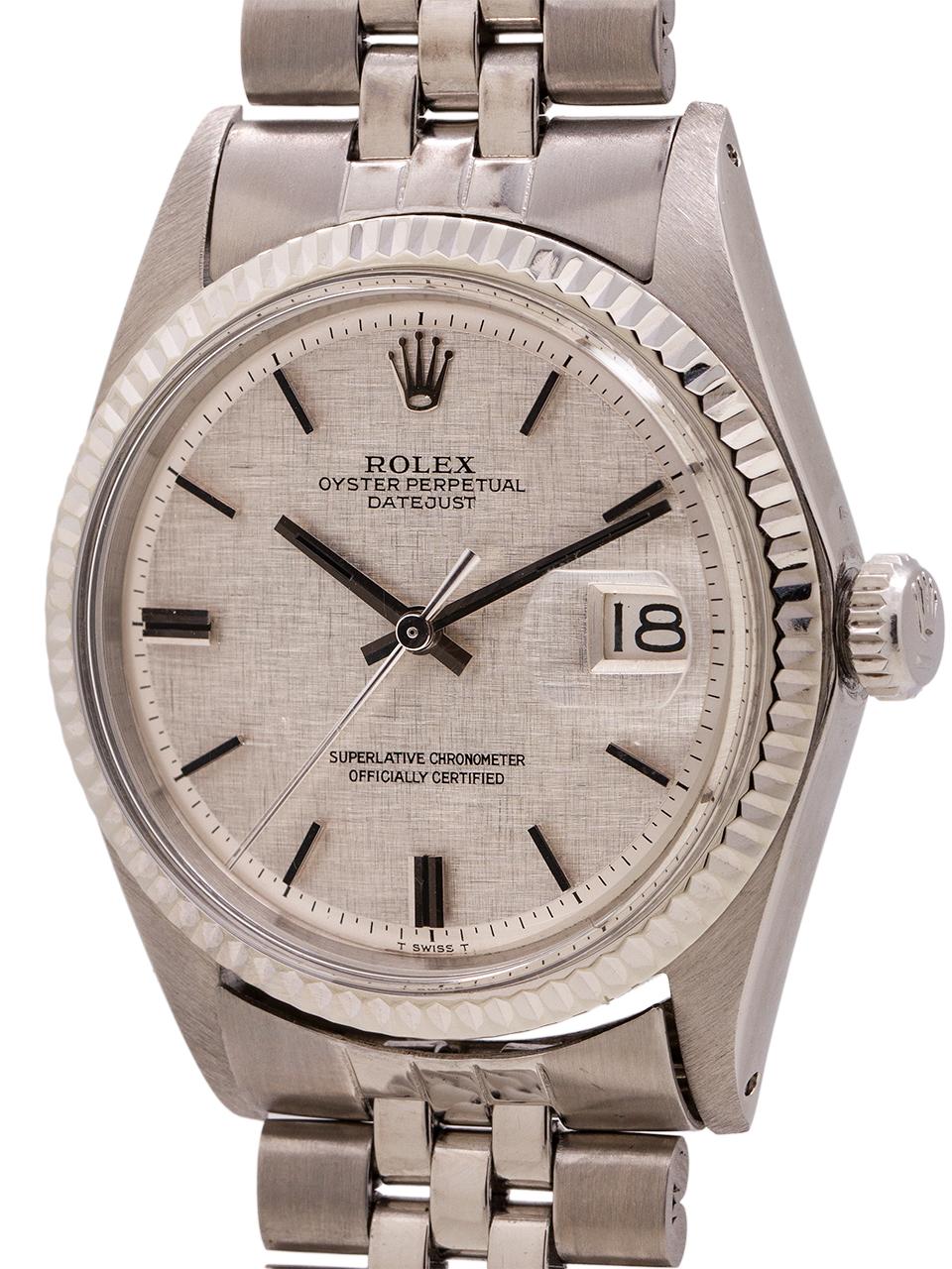Rolex Datejust Stainless and 14 Karat White Gold with Linen Dial Ref 1601 In Excellent Condition For Sale In West Hollywood, CA