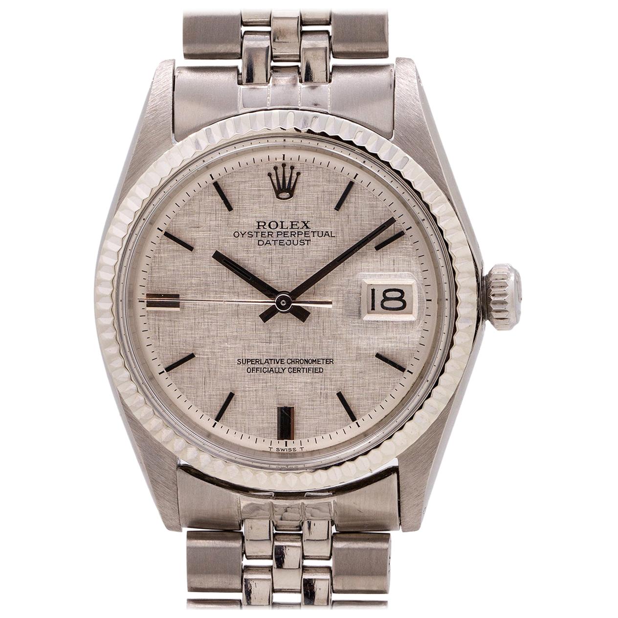 Rolex Datejust Stainless and 14 Karat White Gold with Linen Dial Ref 1601 For Sale