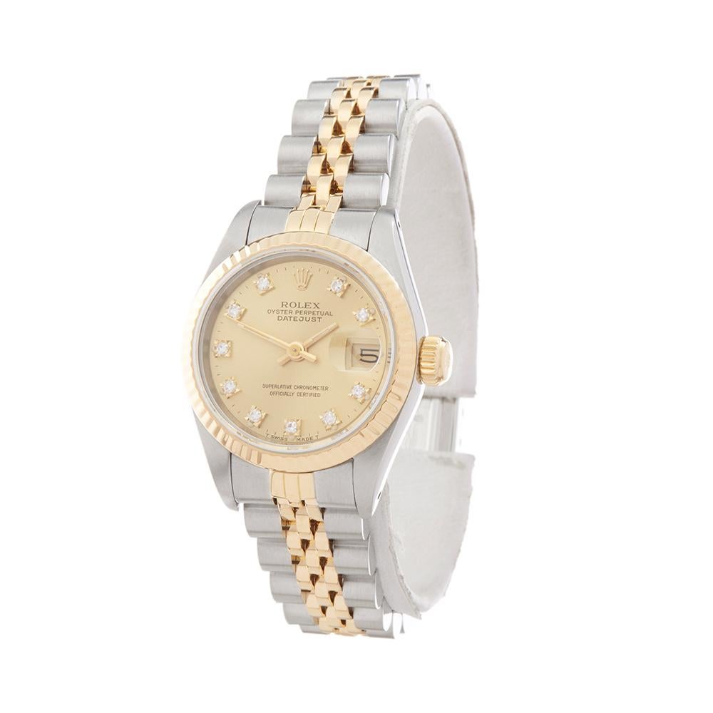 Reference: W4579
Manufacturer: Rolex
Model: Datejust
Model Reference: 69173
Age: Circa 1987
Gender: Women's
Box and Papers: Box Only
Dial: Champagne Diamond Markers
Glass: Sapphire Crystal
Movement: Automatic
Water Resistance: To Manufacturers