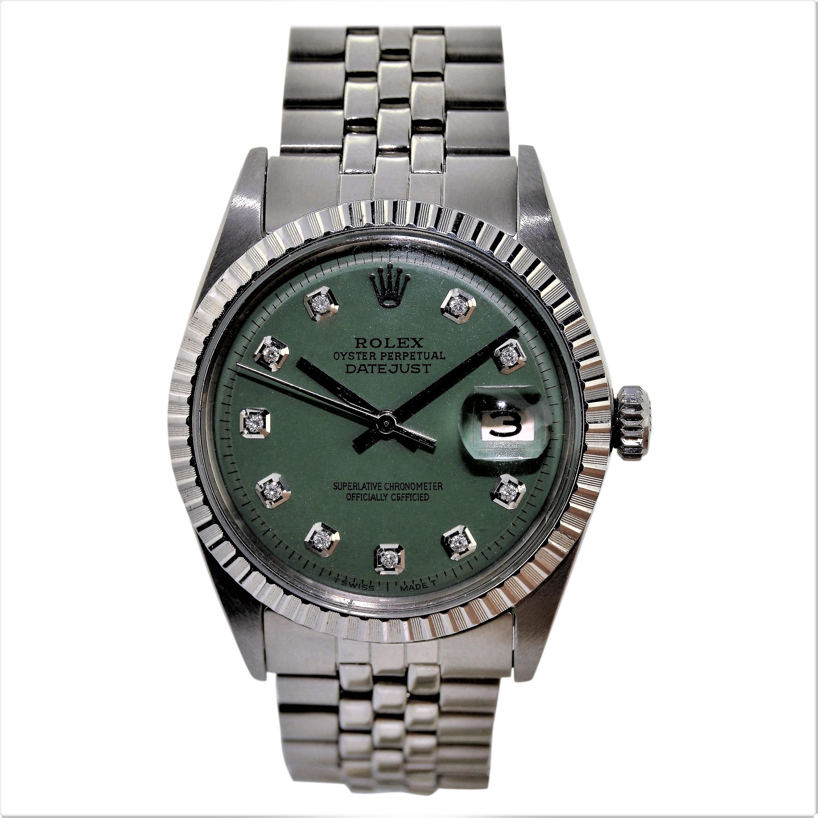 FACTORY / HOUSE: Rolex Watch  Company
STYLE / REFERENCE: Datejust / 1601
METAL: Stainless Steel 
CIRCA: Late 1970'S
MOVEMENT / CALIBER: Perpetual, Automatic / 26 Jewels 1570
DIAL / HANDS: Custom Replacement Diamond Dial / Baton Hands
DIMENSIONS: