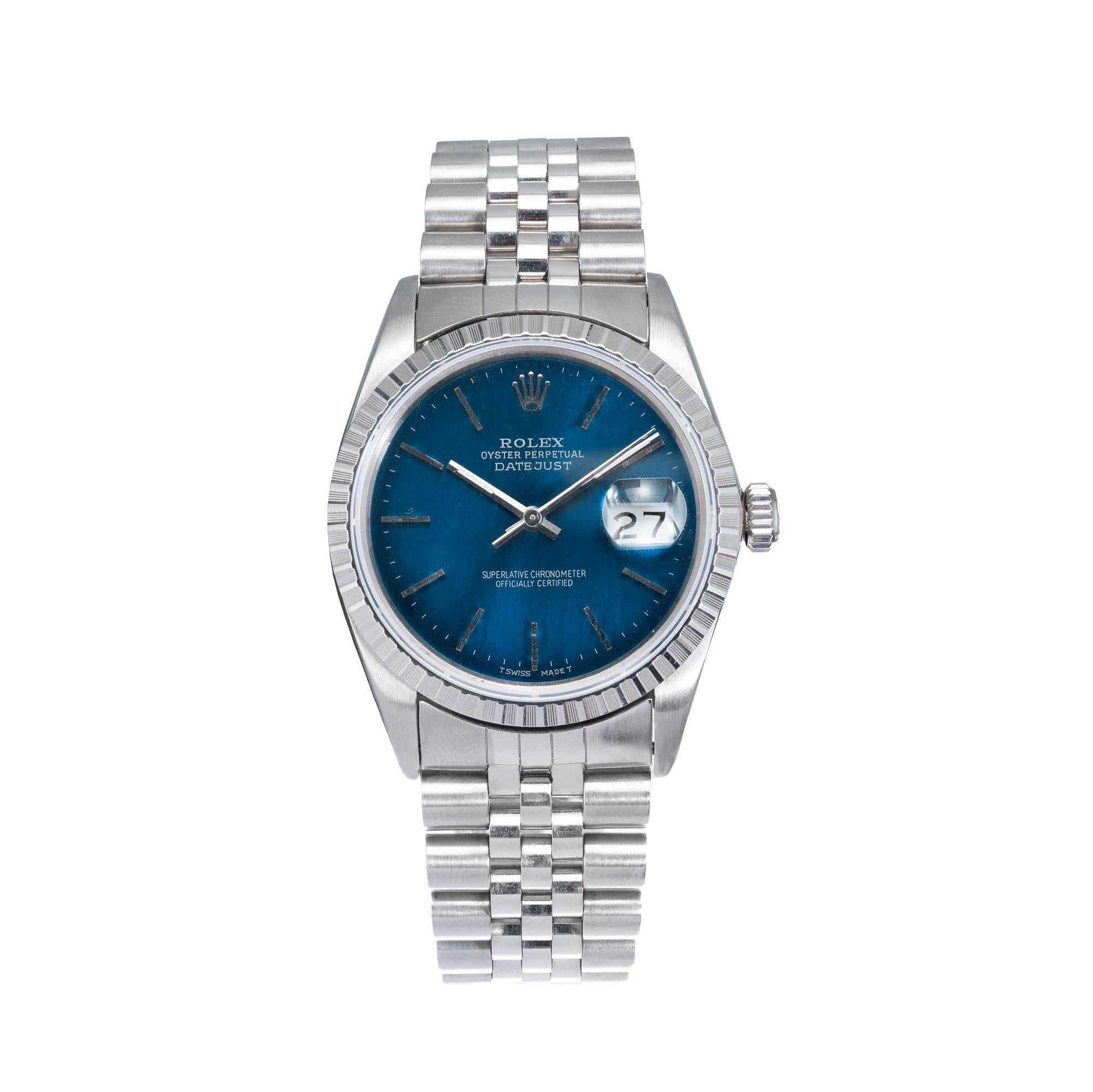 Rolex Datejust ref 16030 steel and 18k white gold bezel automatic Jubilee band. Blue custom re-finished Rolex dial. Extra links available. 18k white gold. Circa 1993

Steel 
tested: 18k white gold
96.2  grams 
Tip: 42.9mm 
Width without crown: