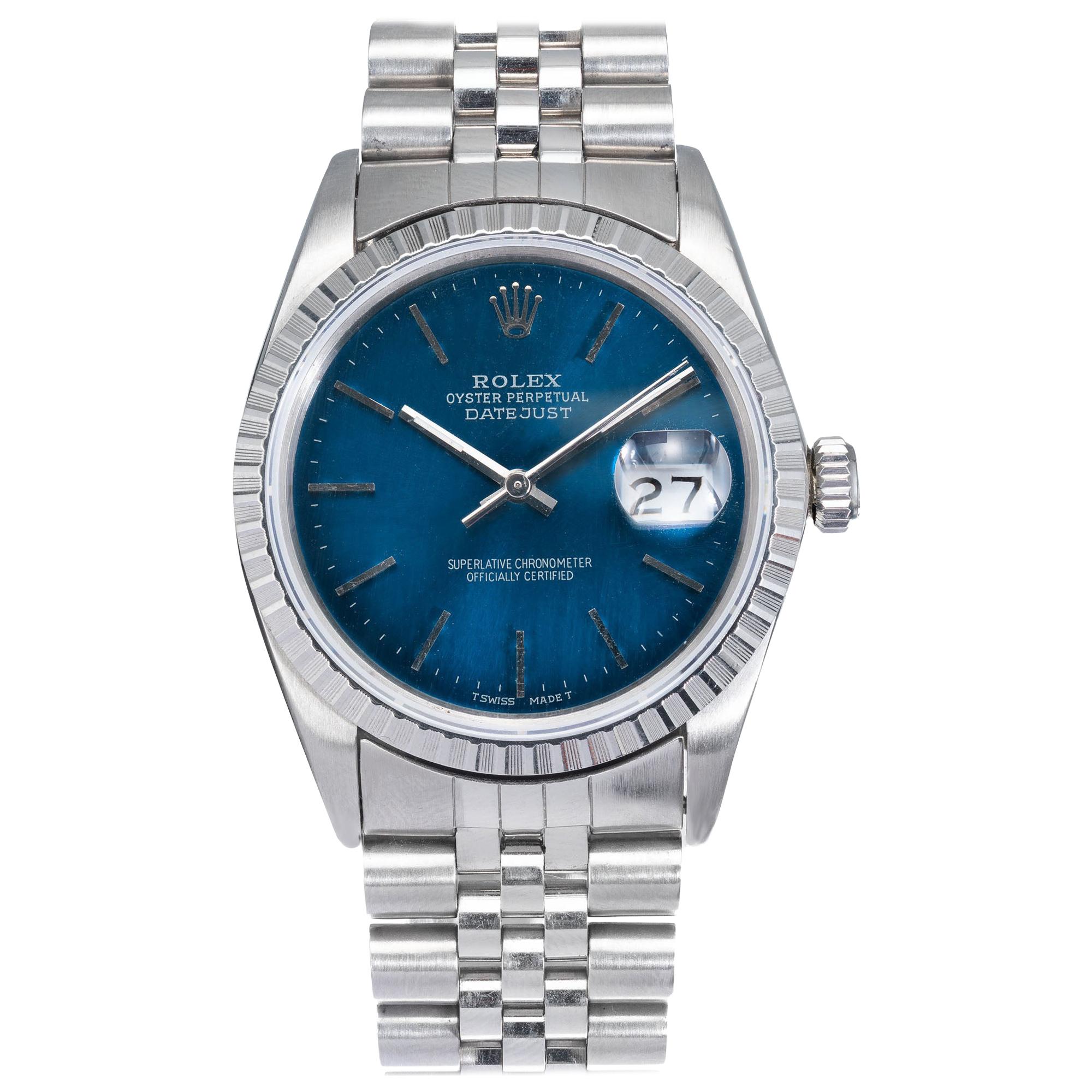 Rolex Datejust Stainless Steel Gold Custom Blue Dial Wristwatch Ref 16030