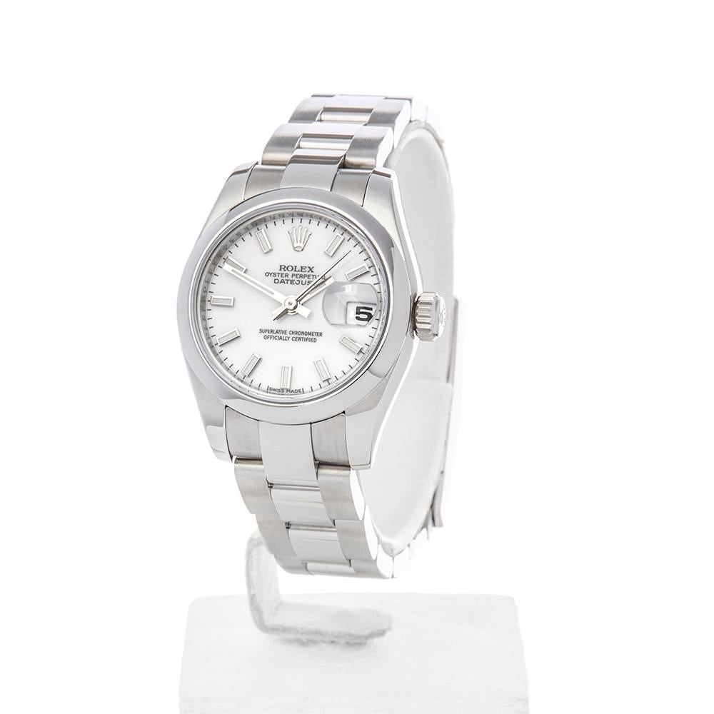 Reference: W4411 
Manufacture: Rolex
Model: Datejust
Model Reference: 179160
Age: 3rd August 2017
Gender: Women's
Box and Papers: Box and Guarantee
Dial: White Baton
Glass: Sapphire Crystal
Movement: Automatic
Water Resistance: To Manufacturers
