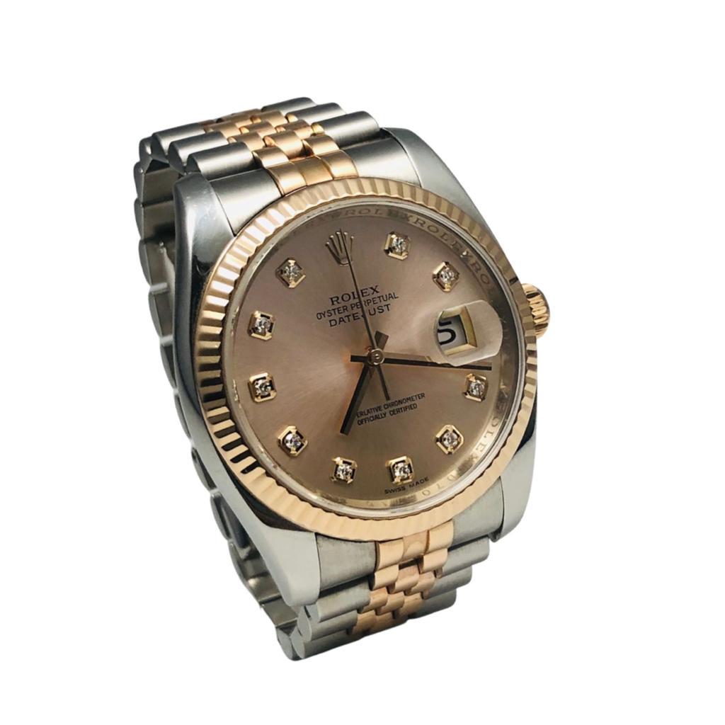 ITEM SPECIFICATIONS:

Brand: Rolex

Model Name: DateJust

Model Number: 116231

Movement: Automatic

Case Size: 36 mm

Case Back: Closed

Case Material: Stainless Steel/Rose Gold

Bezel: Rose Gold

Dial: Pink

Bracelet: Stainless Steel/Rose