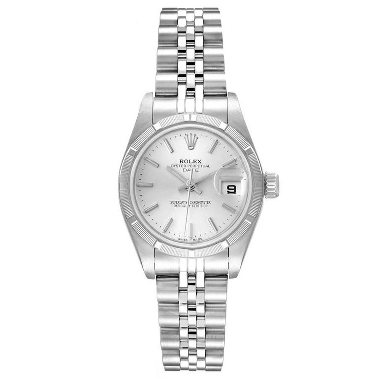 Rolex Datejust Stainless Steel Silver Baton Dial Ladies Watch 79190. Officially certified chronometer self-winding movement. Stainless steel oyster case 25.0 mm in diameter. Rolex logo on a crown. Stainless steel engine turned bezel. Scratch
