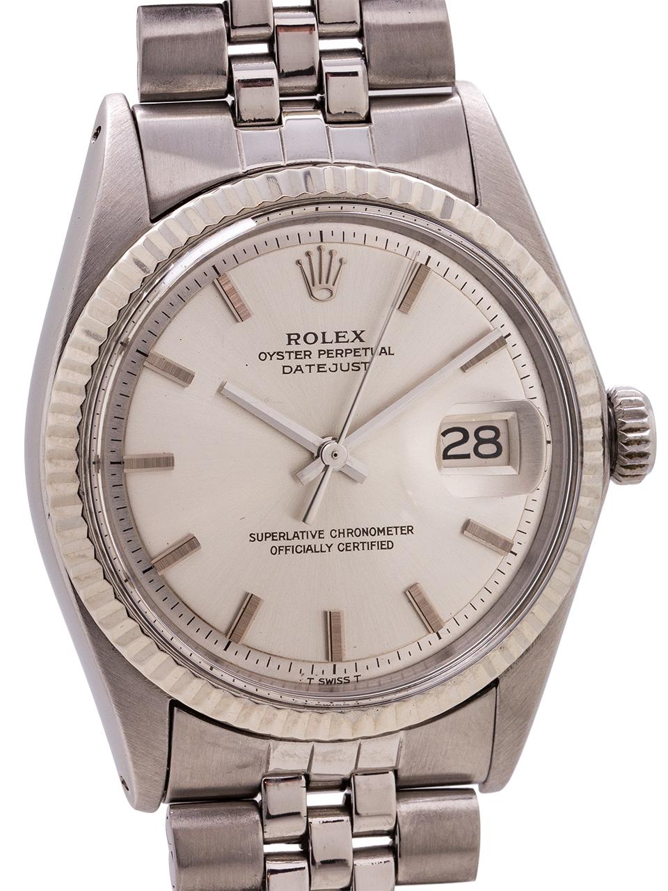 
Rolex Datejust stainless steel ref 1601, serial# 2.3 million circa 1968. Featuring 36mm diameter Oyster case with acrylic crystal, 14K white gold fluted bezel, and very distinctive silver satin pie-pan dial with applied silver indexes and silver