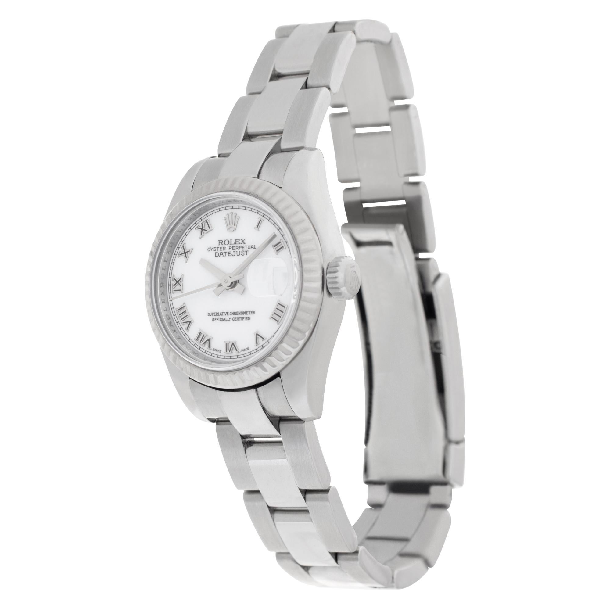 Rolex Datejust in stainless steel with 18k white gold fluted bezel. Auto w/ sweep seconds and date. 26 mm case size. With box and papers. **Bank wire only at this price** Ref 179174. Circa 2009. Fine Pre-owned Rolex Watch.

Certified preowned Sport