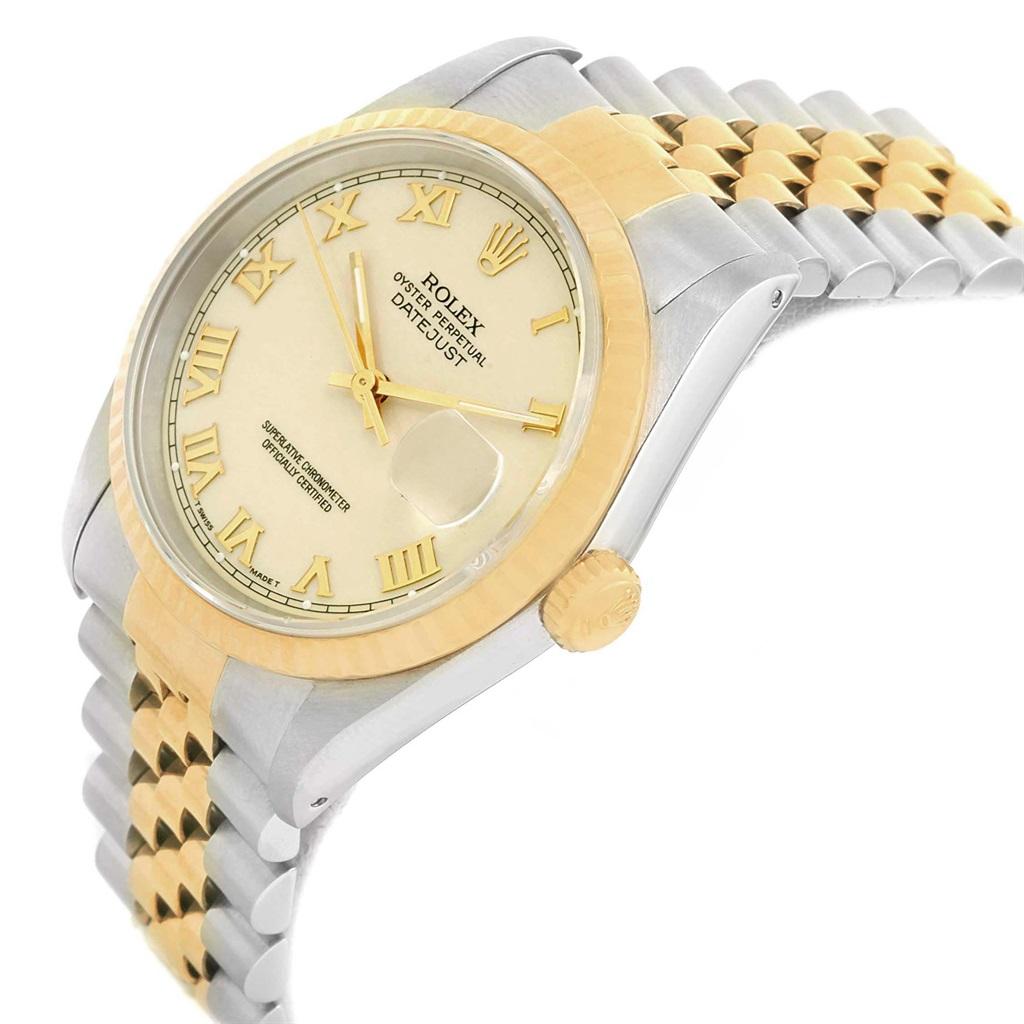 Rolex Datejust Stainless Steel Yellow Gold Mens Watch 16233 Box Papers. Officially certified chronometer self-winding movement with quickset date function. Stainless steel case 36.0 mm in diameter. Rolex logo on a 18K yellow gold crown. 18k yellow