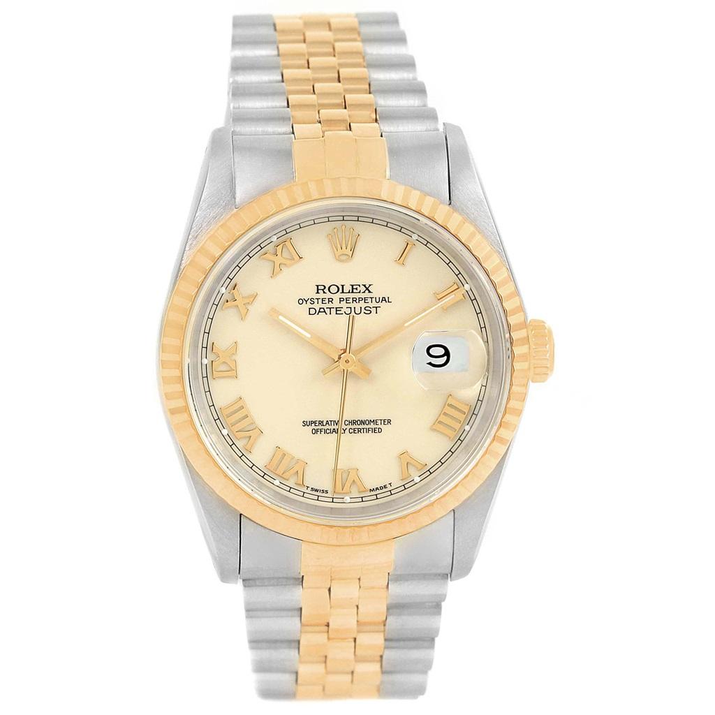 Rolex Datejust Stainless Steel Yellow Gold Mens Watch 16233 Box Papers. Officially certified chronometer self-winding movement with quickset date function. Stainless steel case 36.0 mm in diameter. Rolex logo on a 18K yellow gold crown. 18k yellow