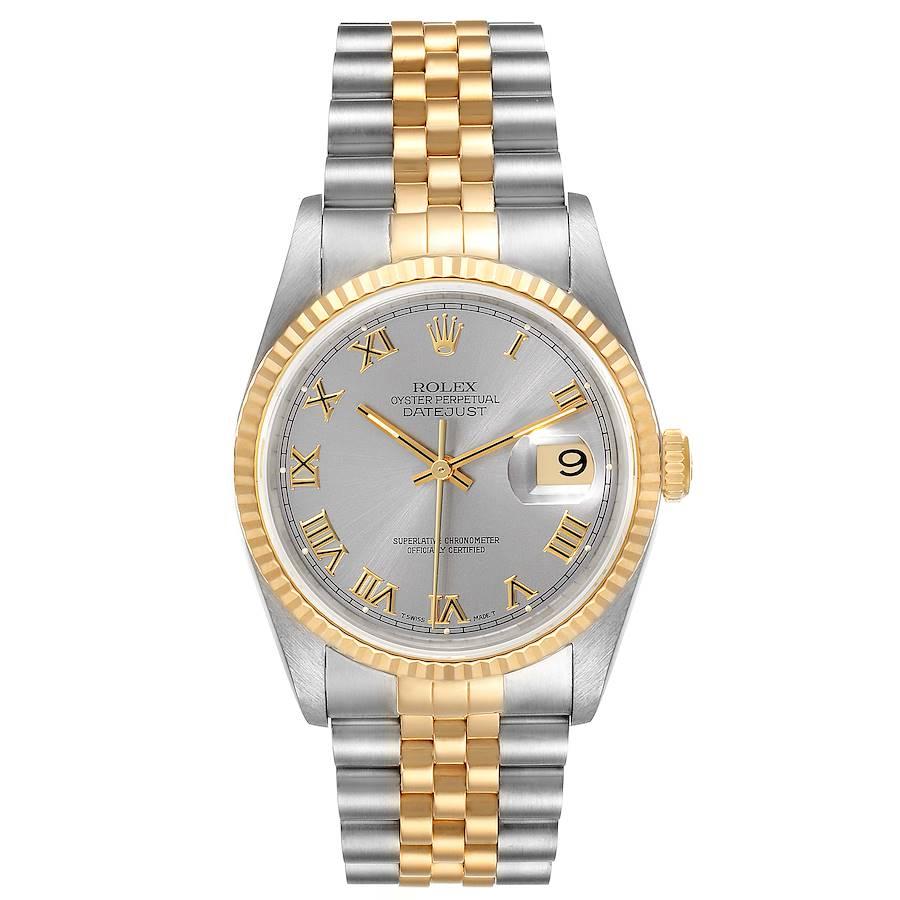 Rolex Datejust Stainless Steel Yellow Gold Mens Watch 16233 Box Papers. Officially certified chronometer self-winding movement. Stainless steel case 36 mm in diameter. Rolex logo on a 18K yellow gold crown. 18k yellow gold fluted bezel. Scratch