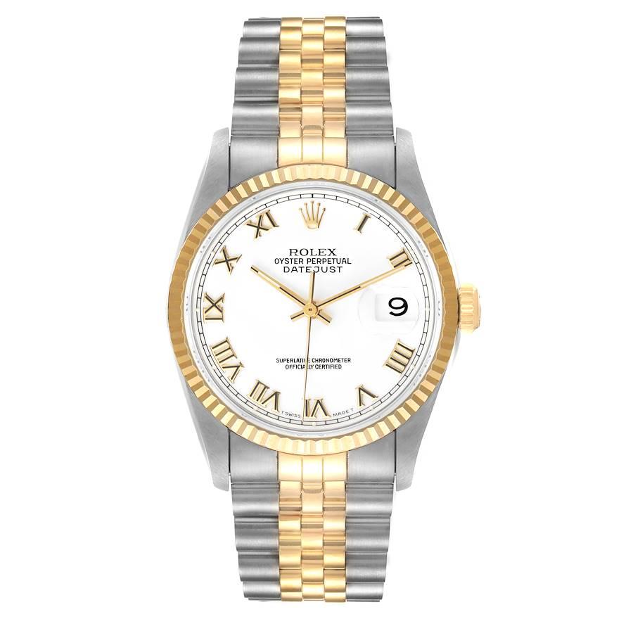 Rolex Datejust Stainless Steel Yellow Gold Mens Watch 16233 Box Papers. Officially certified chronometer self-winding movement. Stainless steel case 36 mm in diameter. Rolex logo on a 18K yellow gold crown. 18k yellow gold fluted bezel. Scratch