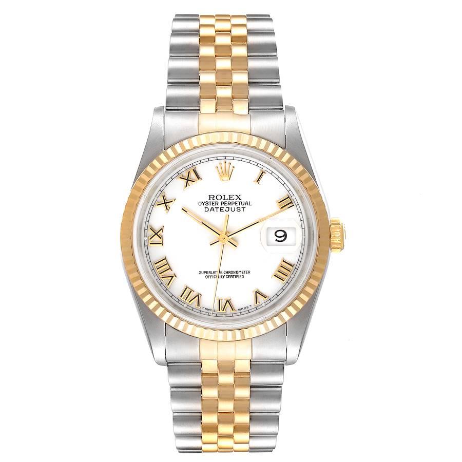 Rolex Datejust Stainless Steel Yellow Gold Mens Watch 16233 Box . Officially certified chronometer self-winding movement. Stainless steel case 36 mm in diameter. Rolex logo on a 18K yellow gold crown. 18k yellow gold fluted bezel. Scratch resistant